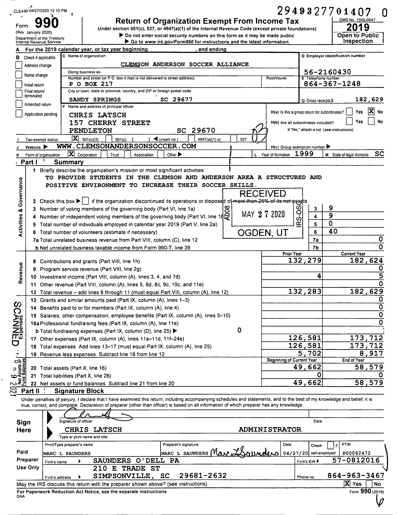 Image of first page of 2019 Form 990 for Clemson Anderson Soccer Alliance