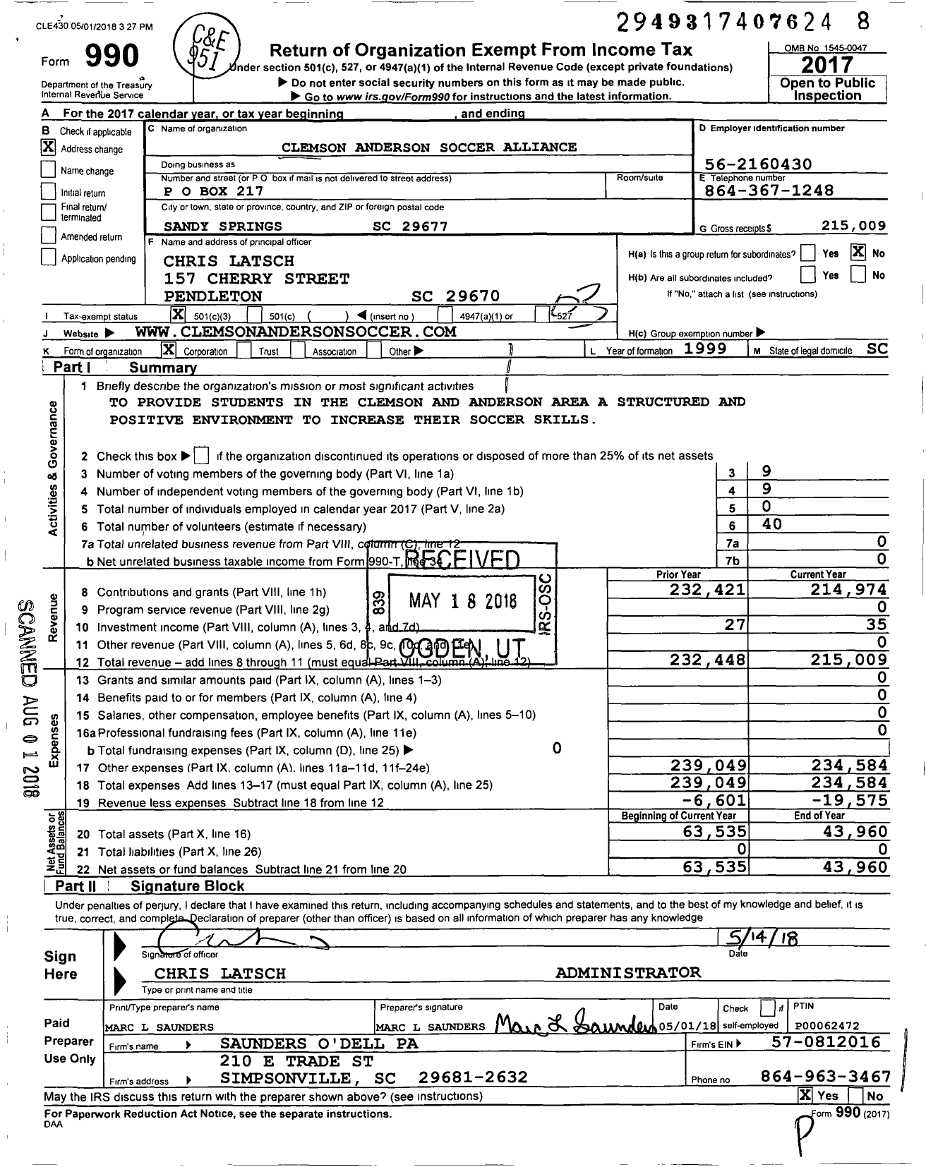 Image of first page of 2017 Form 990 for Clemson Anderson Soccer Alliance