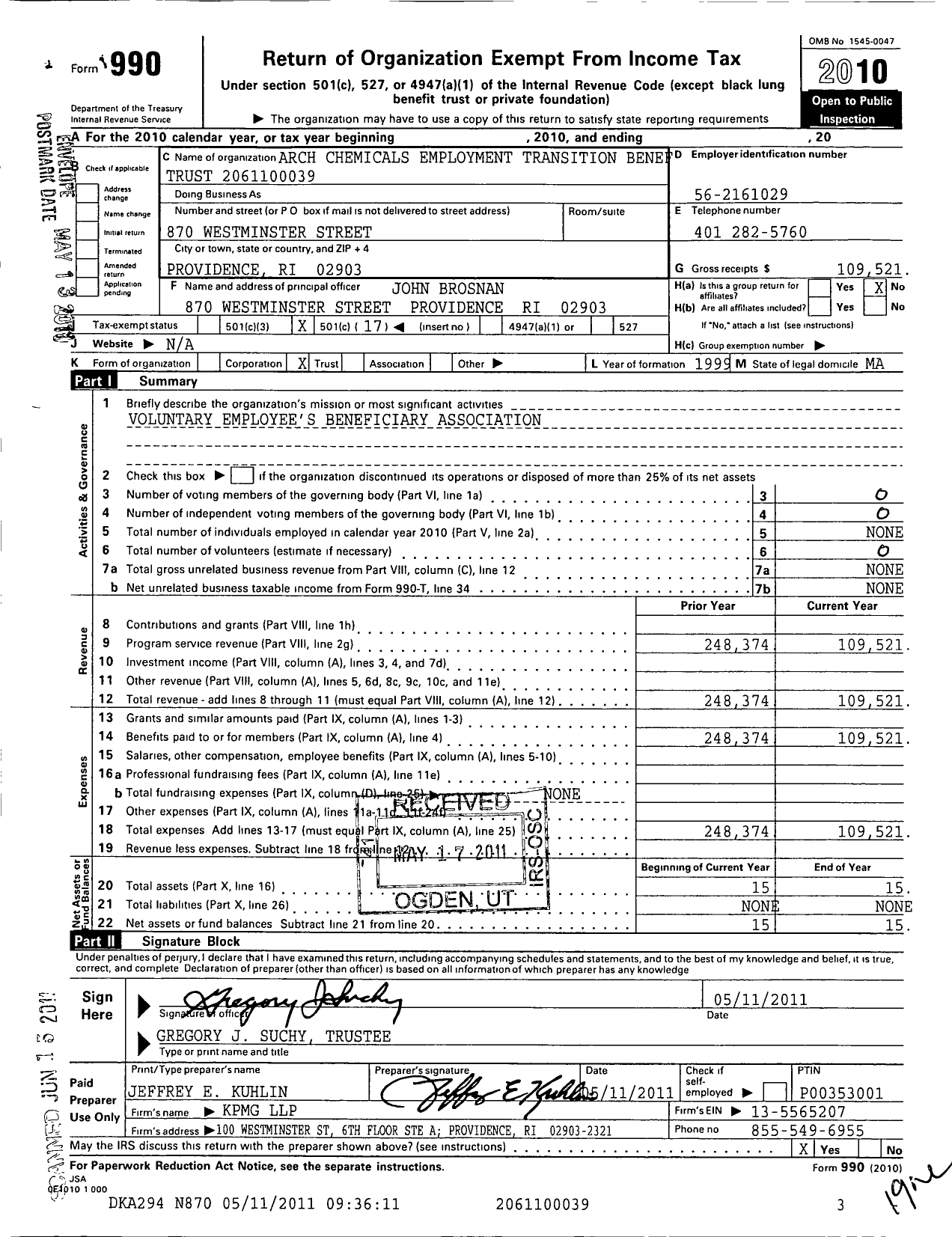 Image of first page of 2010 Form 990O for Arch Chemicals Employment Transition Benef