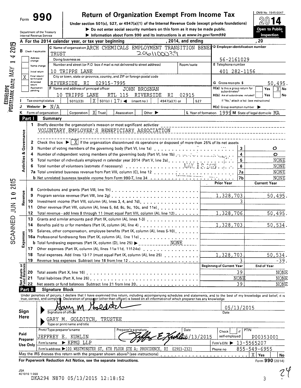 Image of first page of 2014 Form 990O for Arch Chemicals Employment Transition Benef