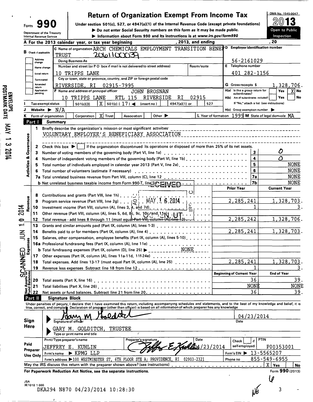 Image of first page of 2013 Form 990O for Arch Chemicals Employment Transition Benef