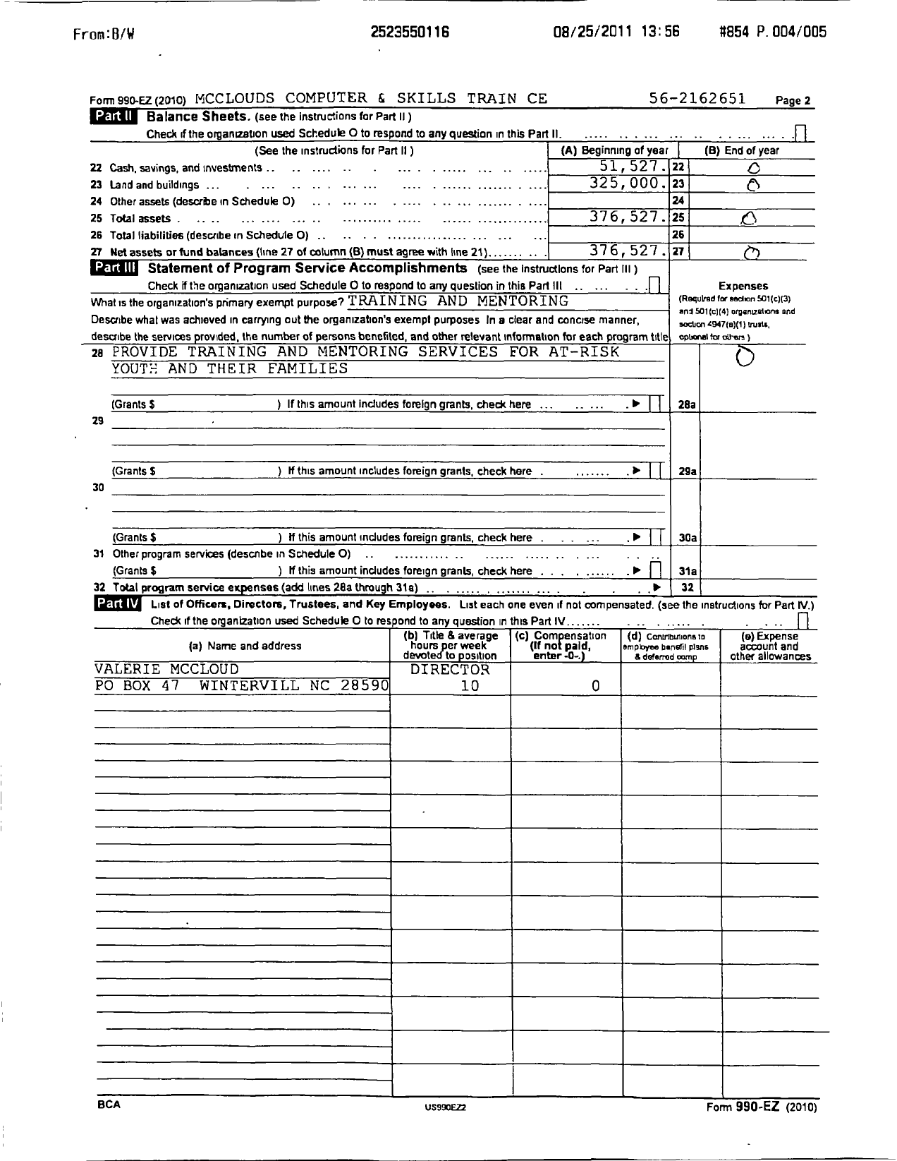 Image of first page of 2010 Form 990ER for Mcclouds Computer and Skills Train