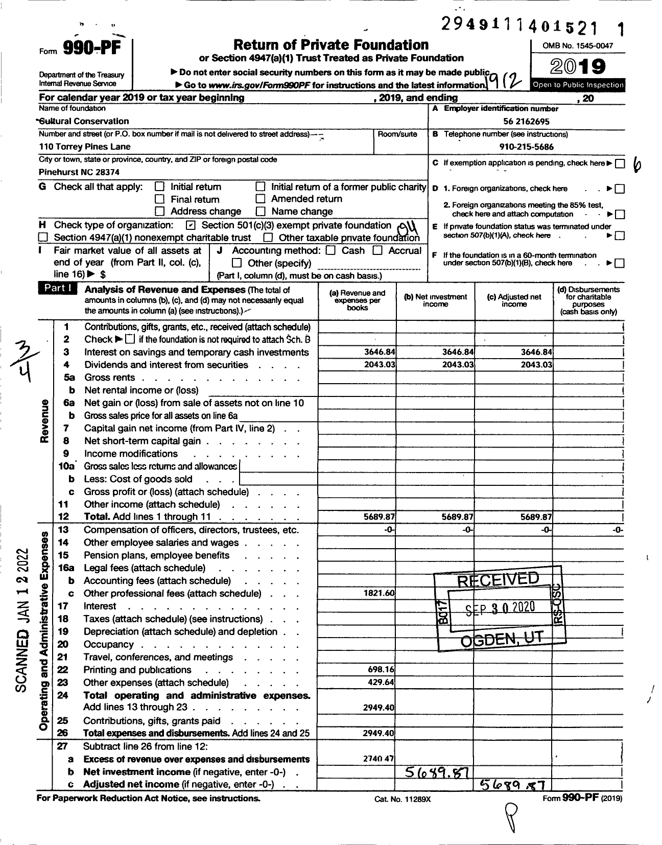 Image of first page of 2019 Form 990PF for Cultural Conservation