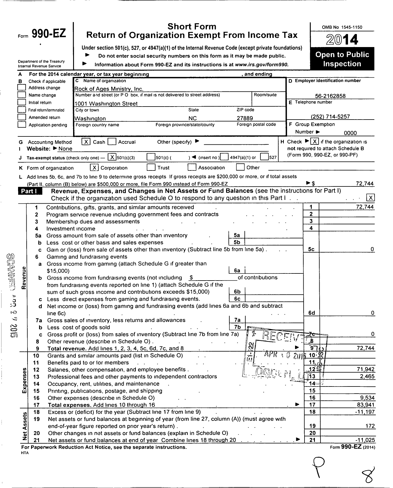 Image of first page of 2014 Form 990EZ for Rock of Ages Ministry