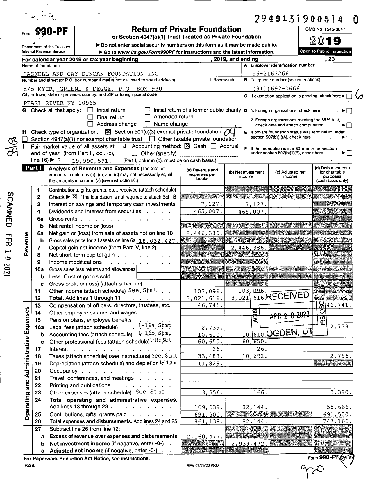 Image of first page of 2019 Form 990PF for Haskell and Gay Duncan Foundation