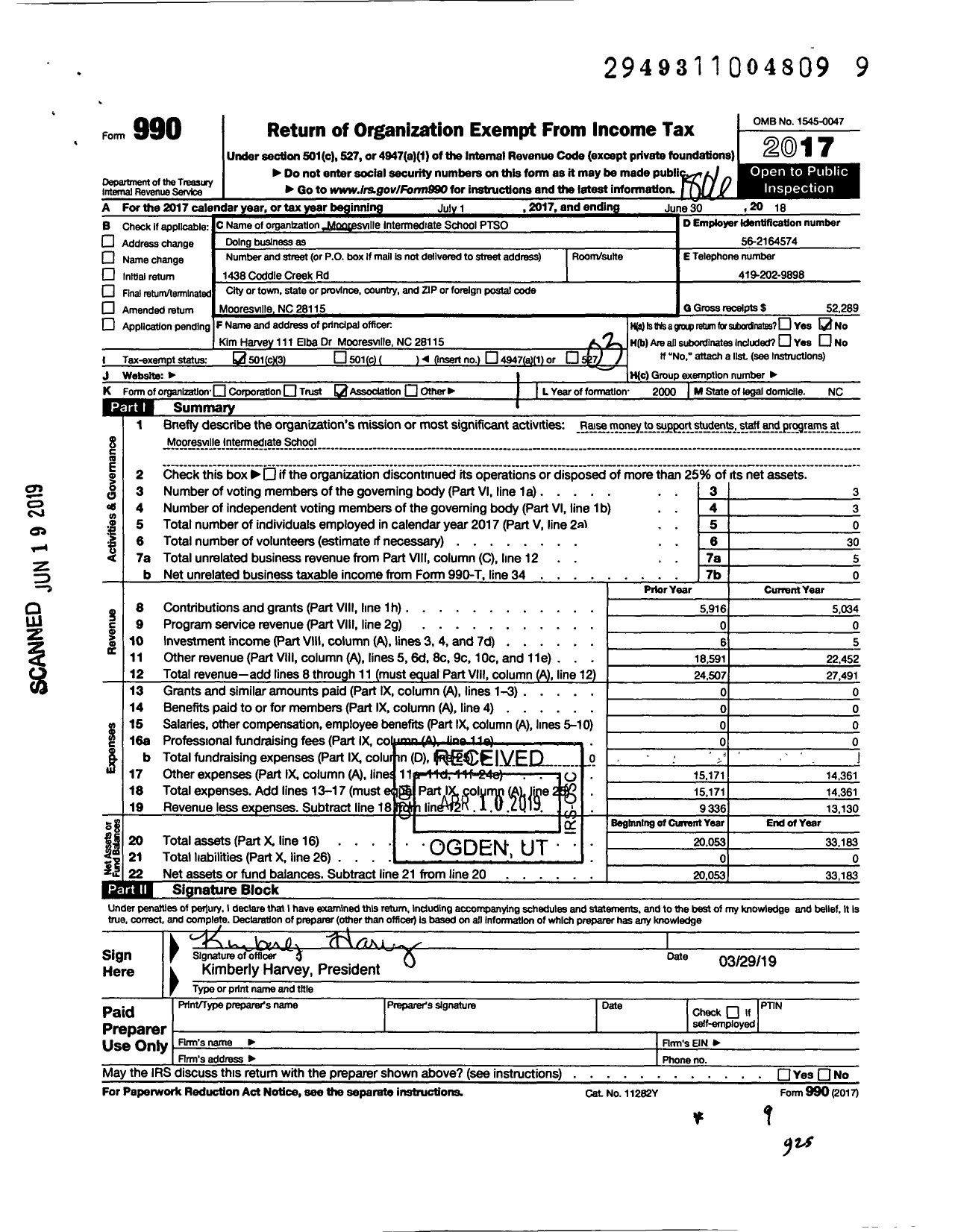 Image of first page of 2017 Form 990 for Mooresville Intermediate School Ptso