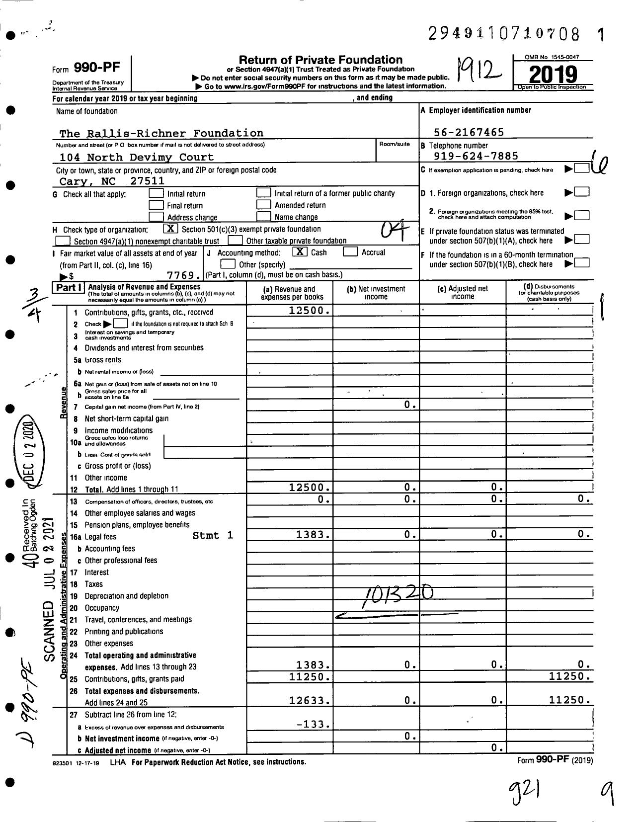 Image of first page of 2019 Form 990PF for The Rallis-Richner Foundation