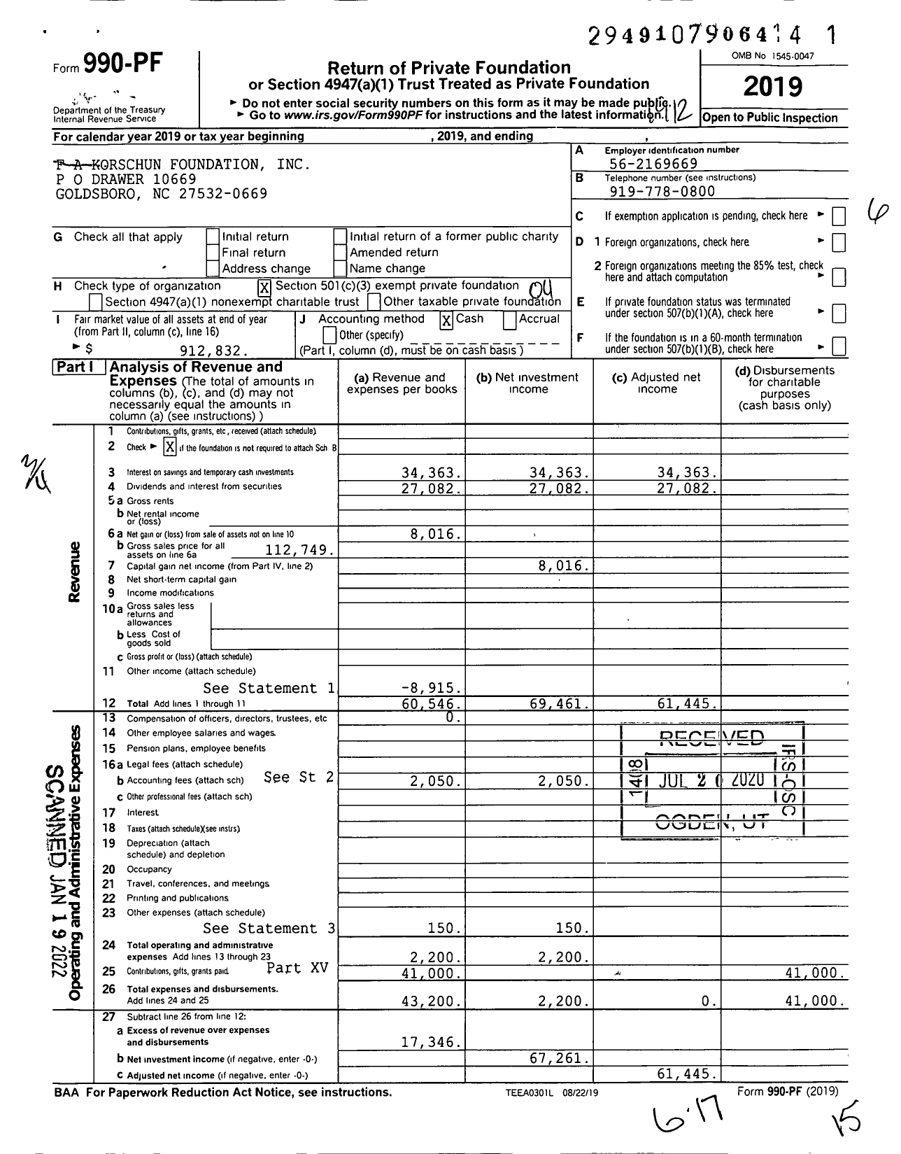 Image of first page of 2019 Form 990PF for F A Korschun Foundation