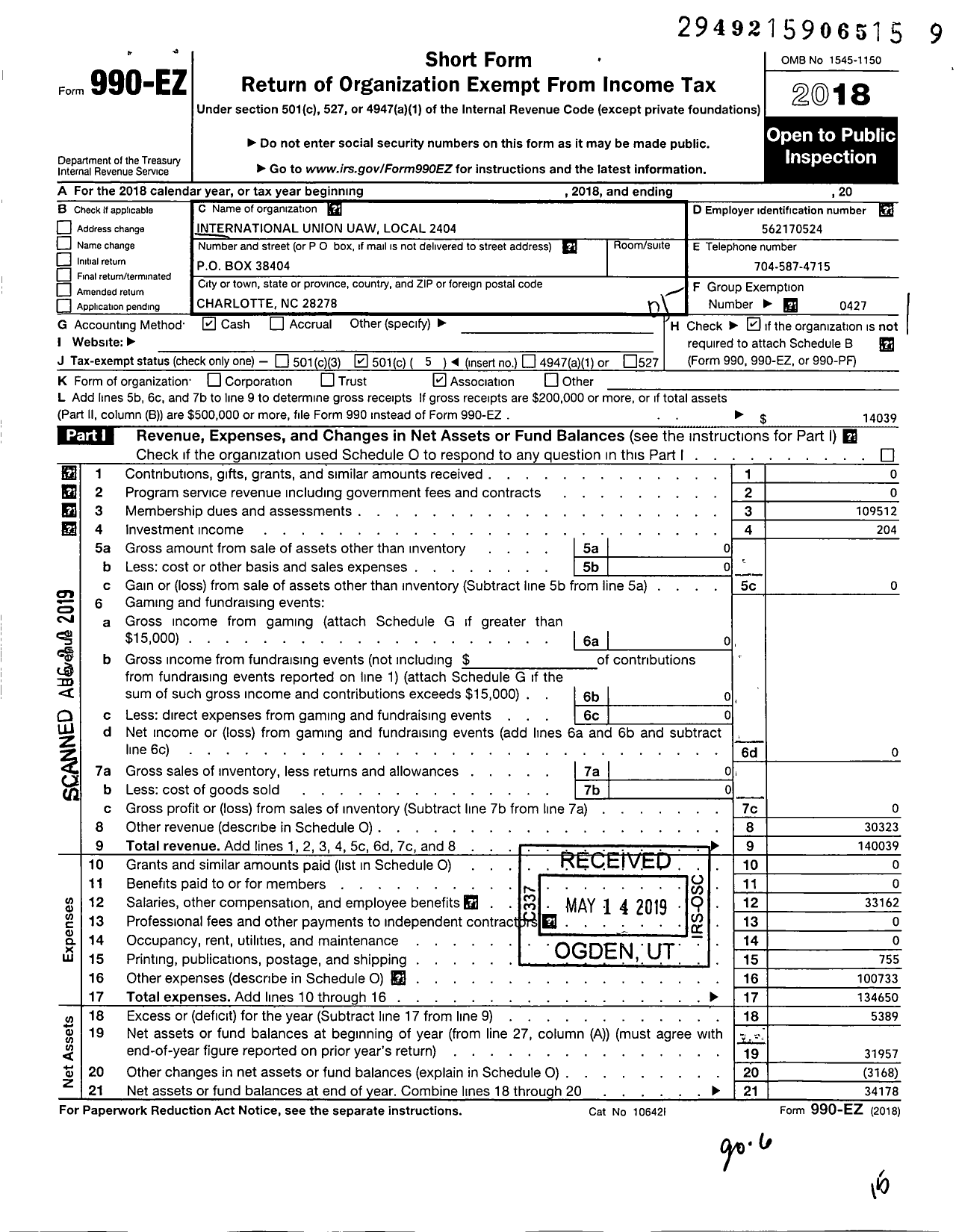 Image of first page of 2018 Form 990EO for UAW - International Union UAW Local 2404