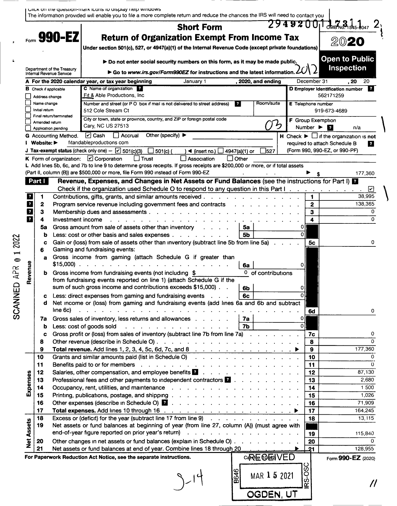 Image of first page of 2020 Form 990EZ for n-a n-a