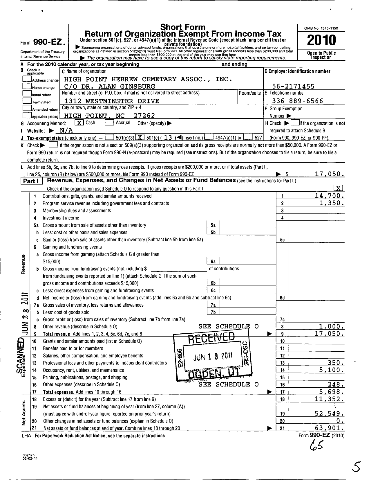 Image of first page of 2010 Form 990EO for High Point Hebrew Cemetary Association