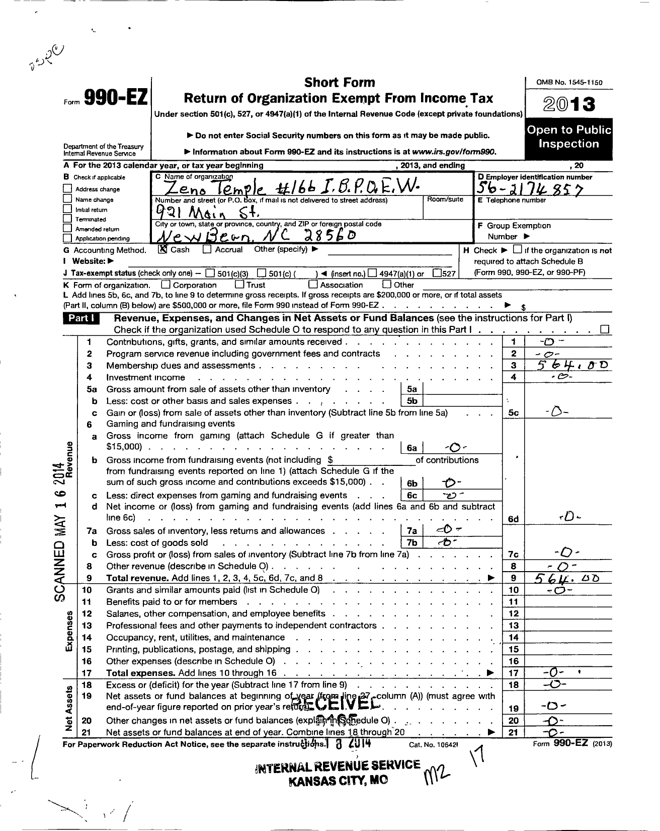 Image of first page of 2013 Form 990EO for Improved Benevolent and Protective Order Of Elks Of the World - 166 Zeno Temple