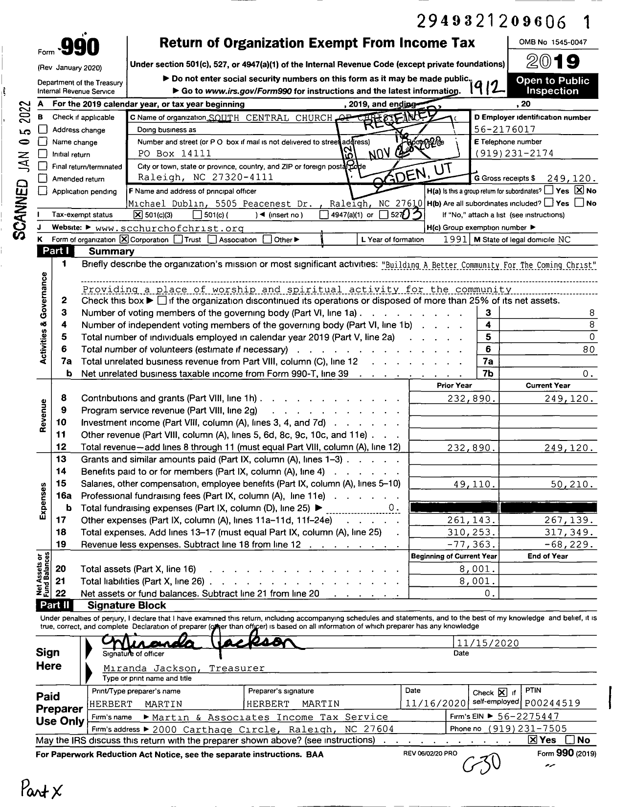 Image of first page of 2019 Form 990 for South Central Church of Christ