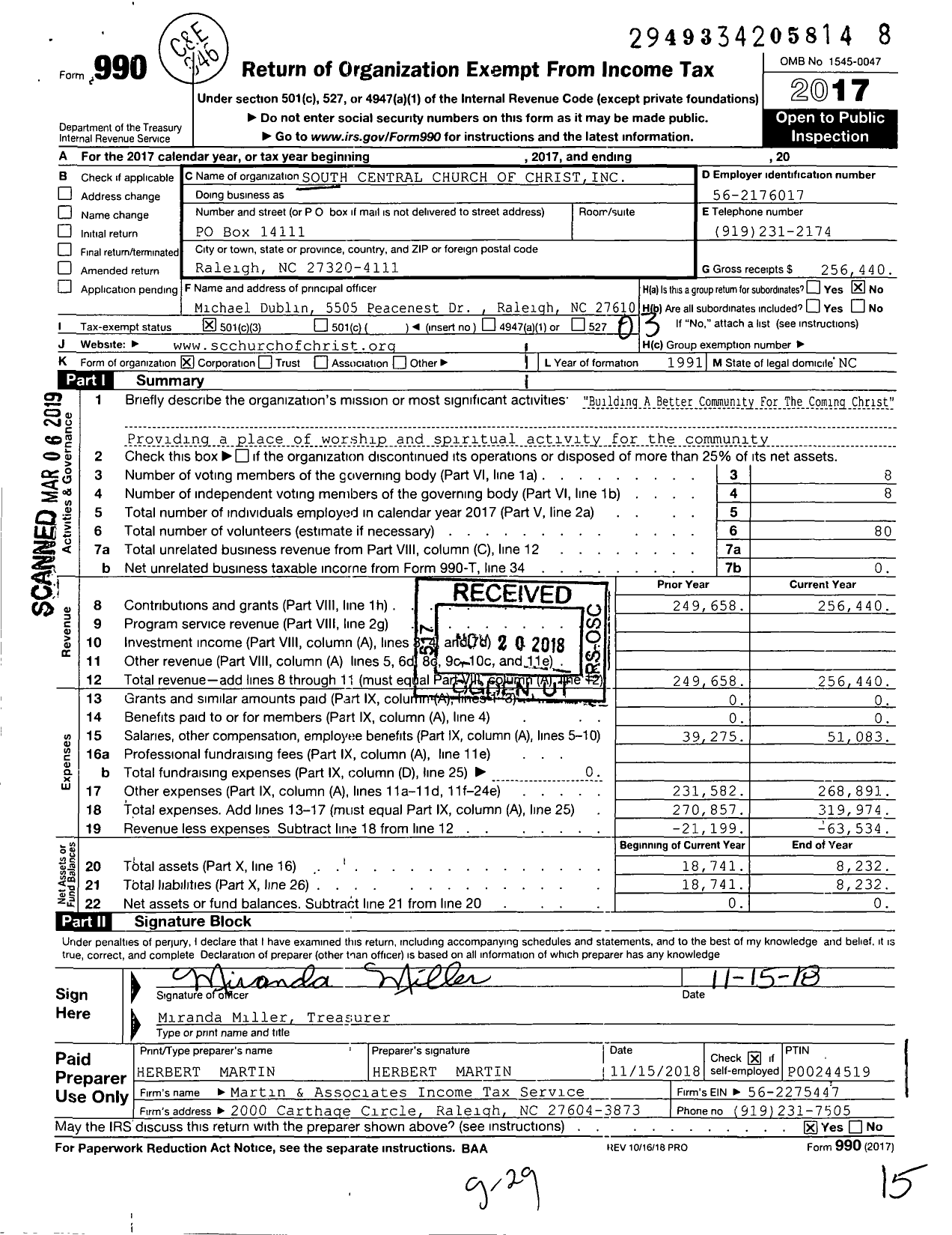 Image of first page of 2017 Form 990 for South Central Church of Christ