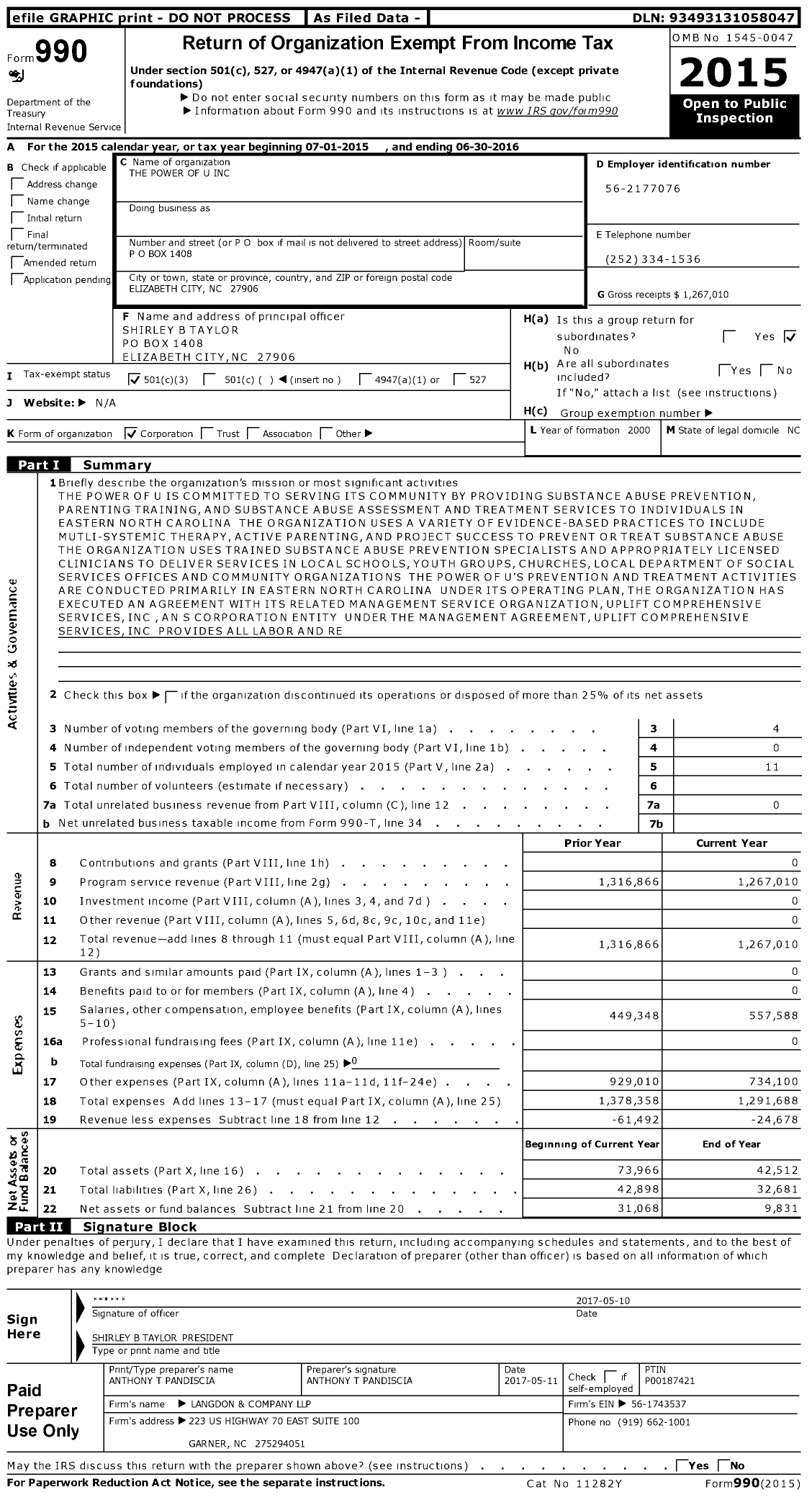 Image of first page of 2015 Form 990 for The Power of U