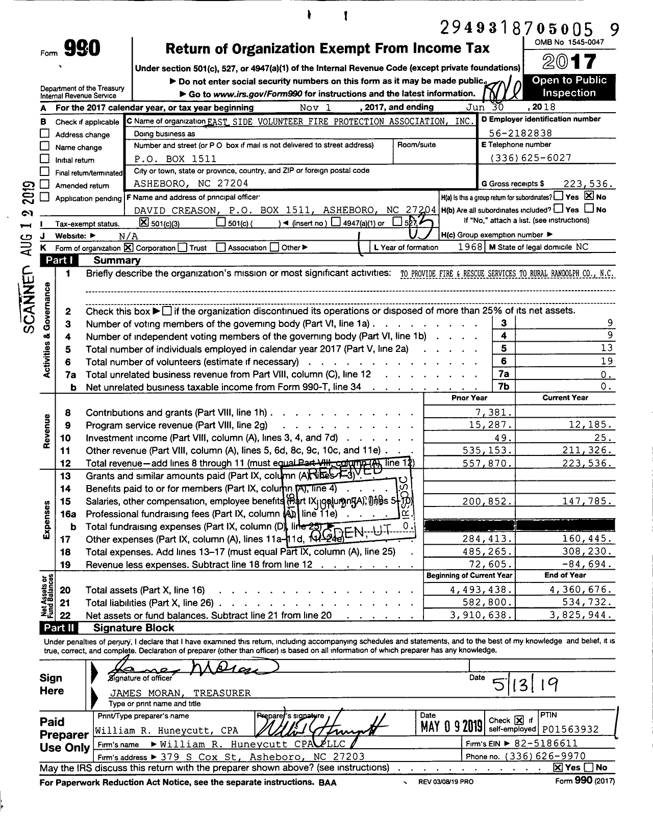 Image of first page of 2017 Form 990 for East Side Volunteer Fire Protection Association