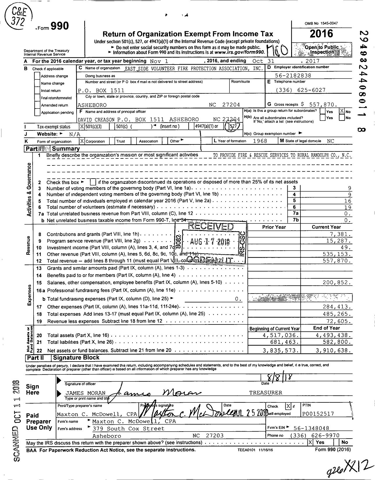 Image of first page of 2016 Form 990 for East Side Volunteer Fire Protection Association