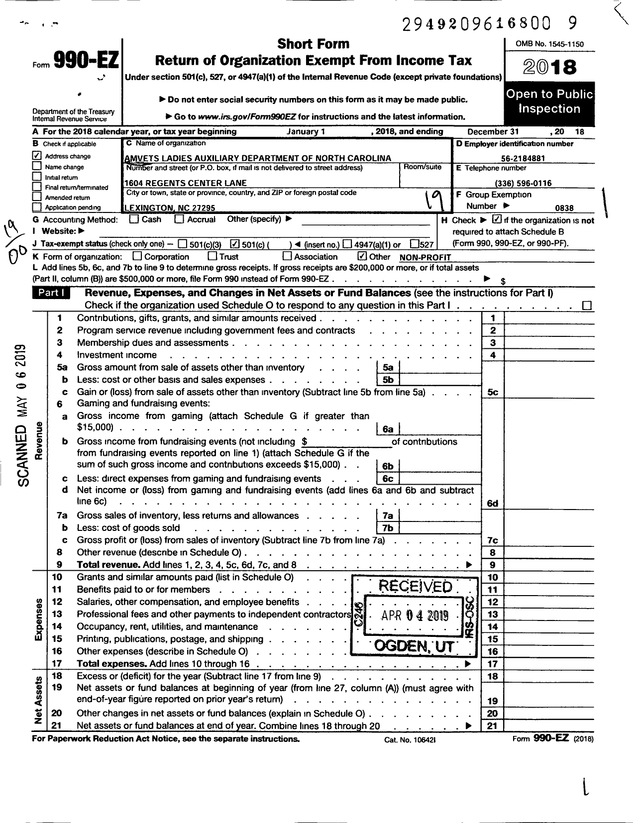 Image of first page of 2018 Form 990EO for Amvets - Amvets