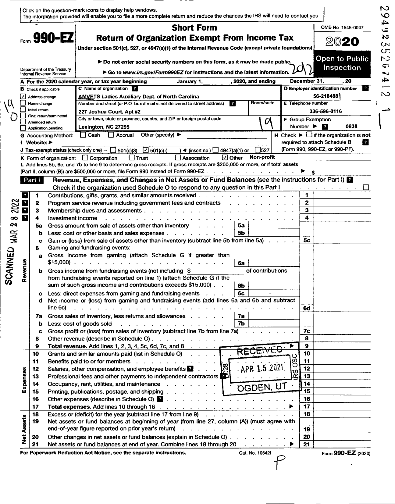Image of first page of 2020 Form 990EO for Amvets - Amvets