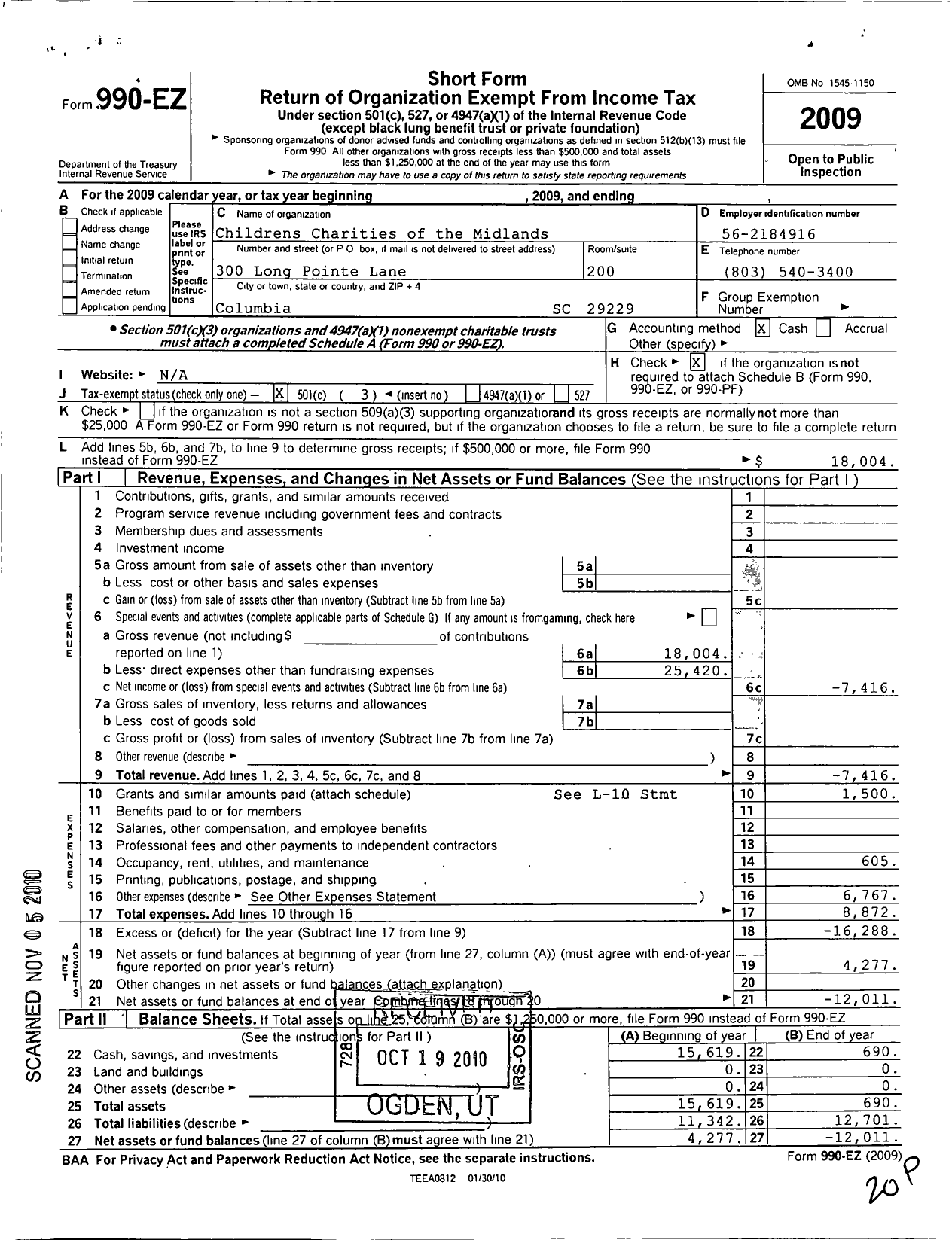 Image of first page of 2009 Form 990EZ for Children's Charities of the Midlands