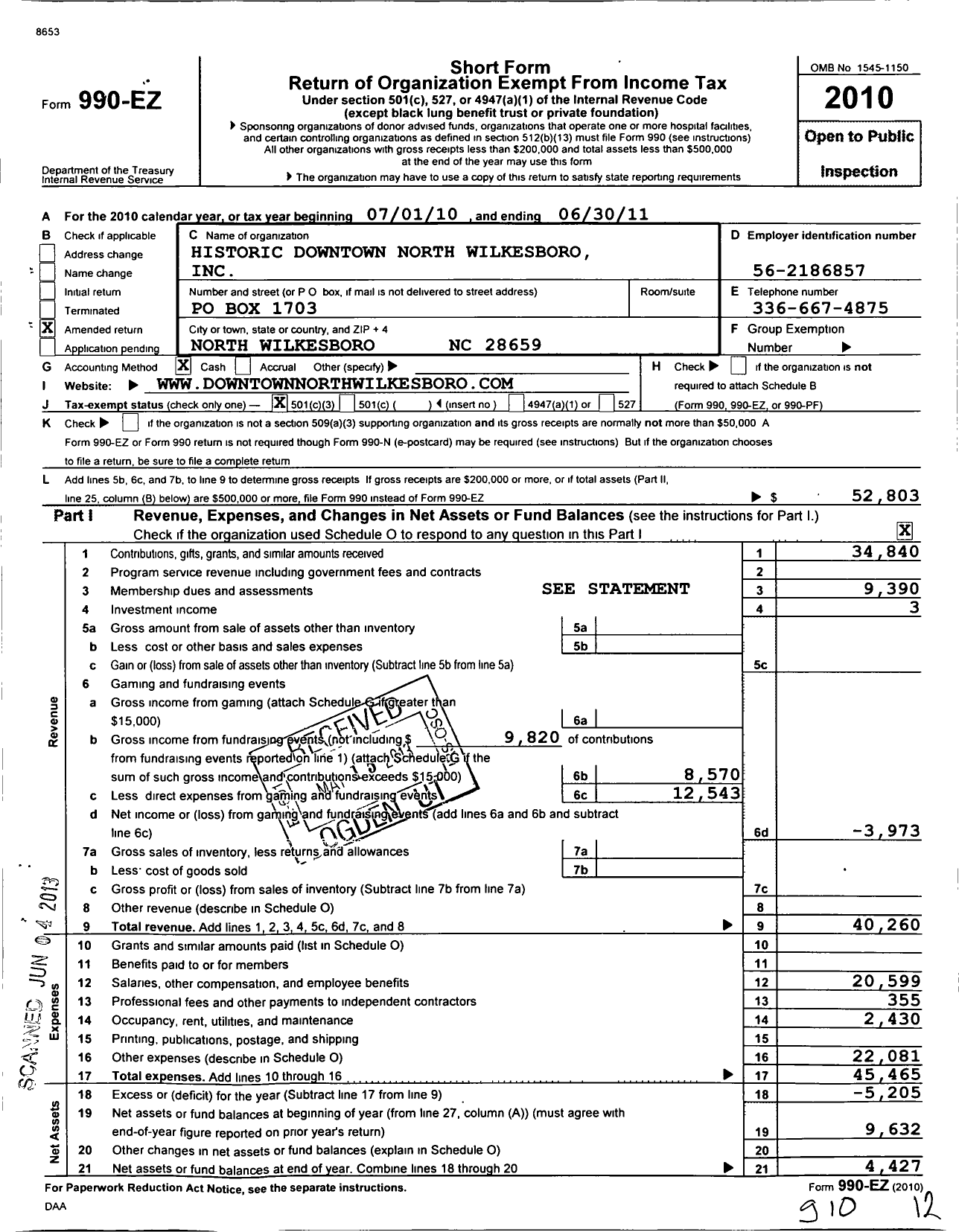 Image of first page of 2010 Form 990EZ for Downtown North Wilkesboro Partnership