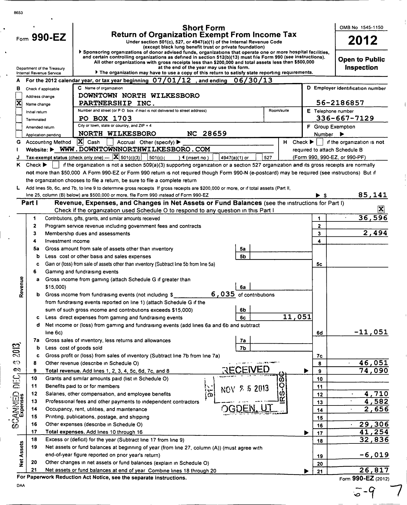 Image of first page of 2012 Form 990EZ for Downtown North Wilkesboro Partnership