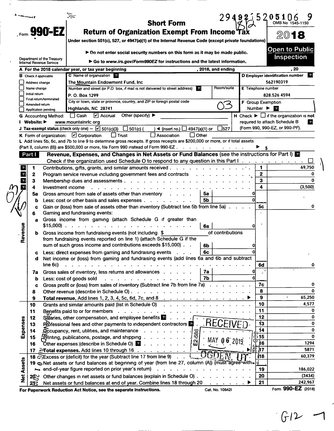 Image of first page of 2018 Form 990EZ for Mountain Endowment Fund