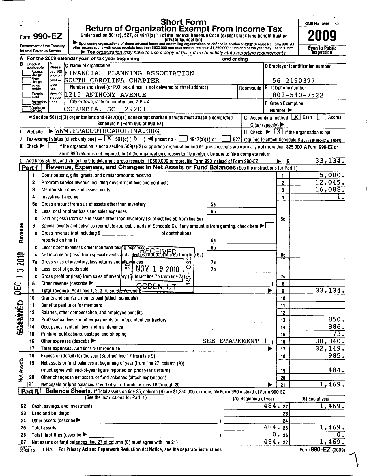 Image of first page of 2009 Form 990EO for Financial Planning Association / Fpa of South Carolina