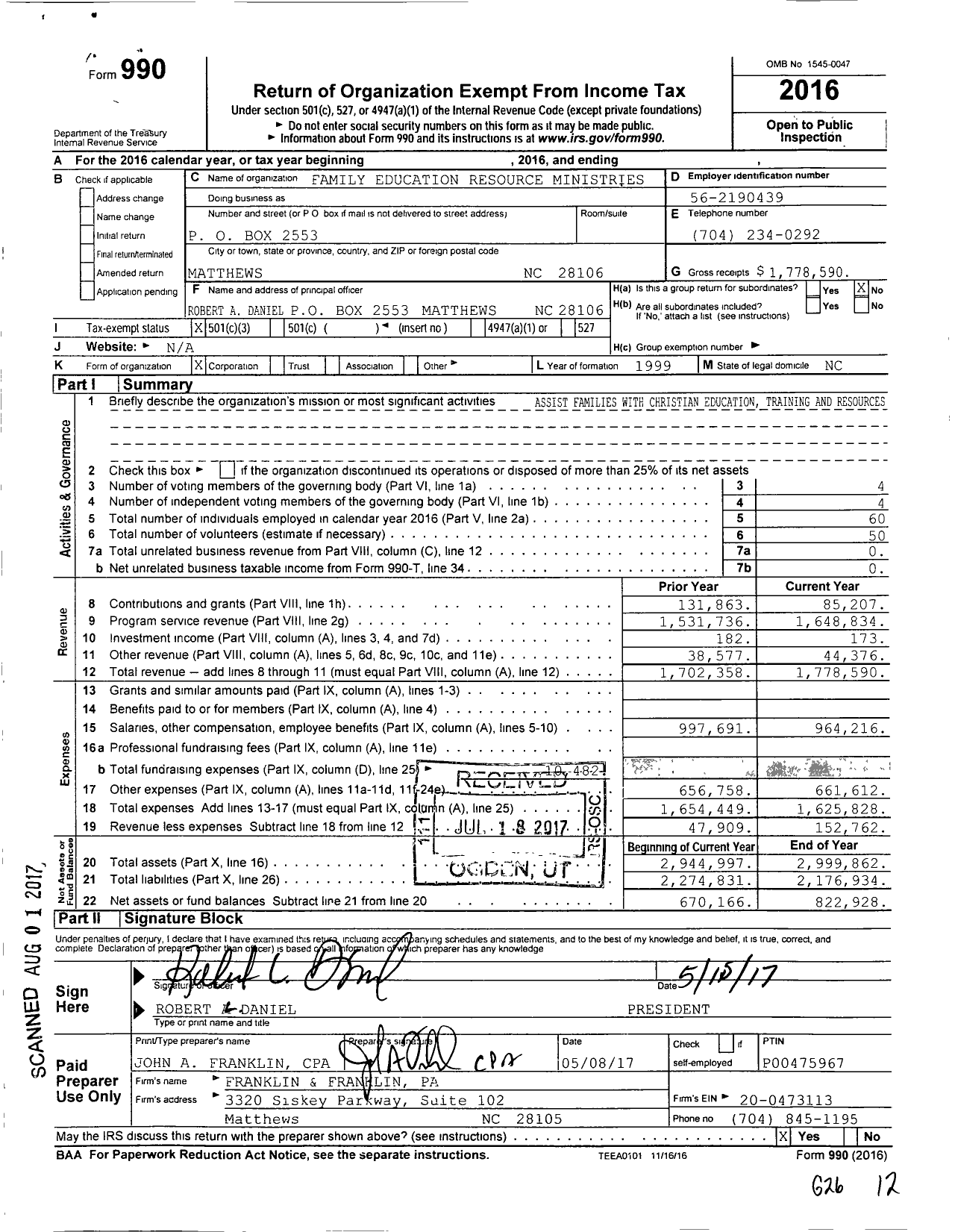 Image of first page of 2016 Form 990 for Family Education Resource Ministries