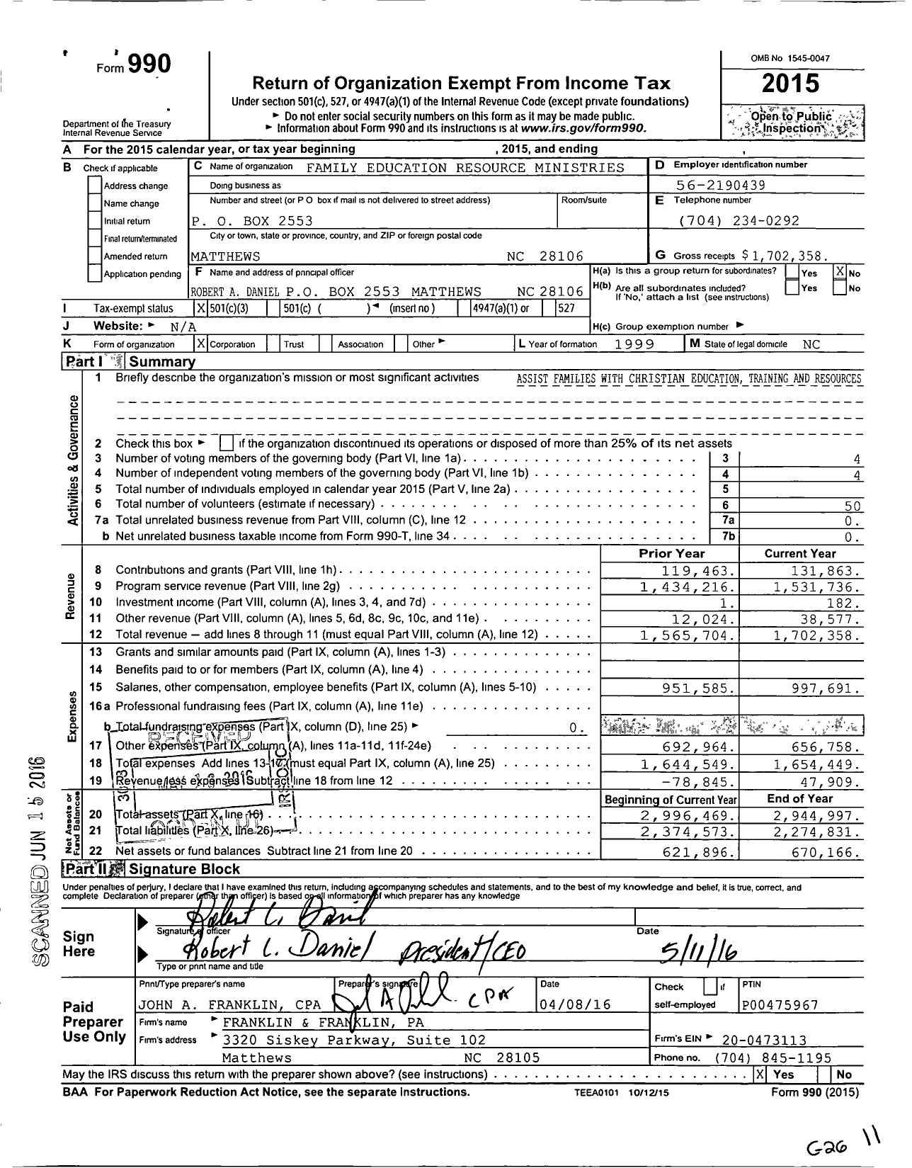 Image of first page of 2015 Form 990 for Family Education Resource Ministries