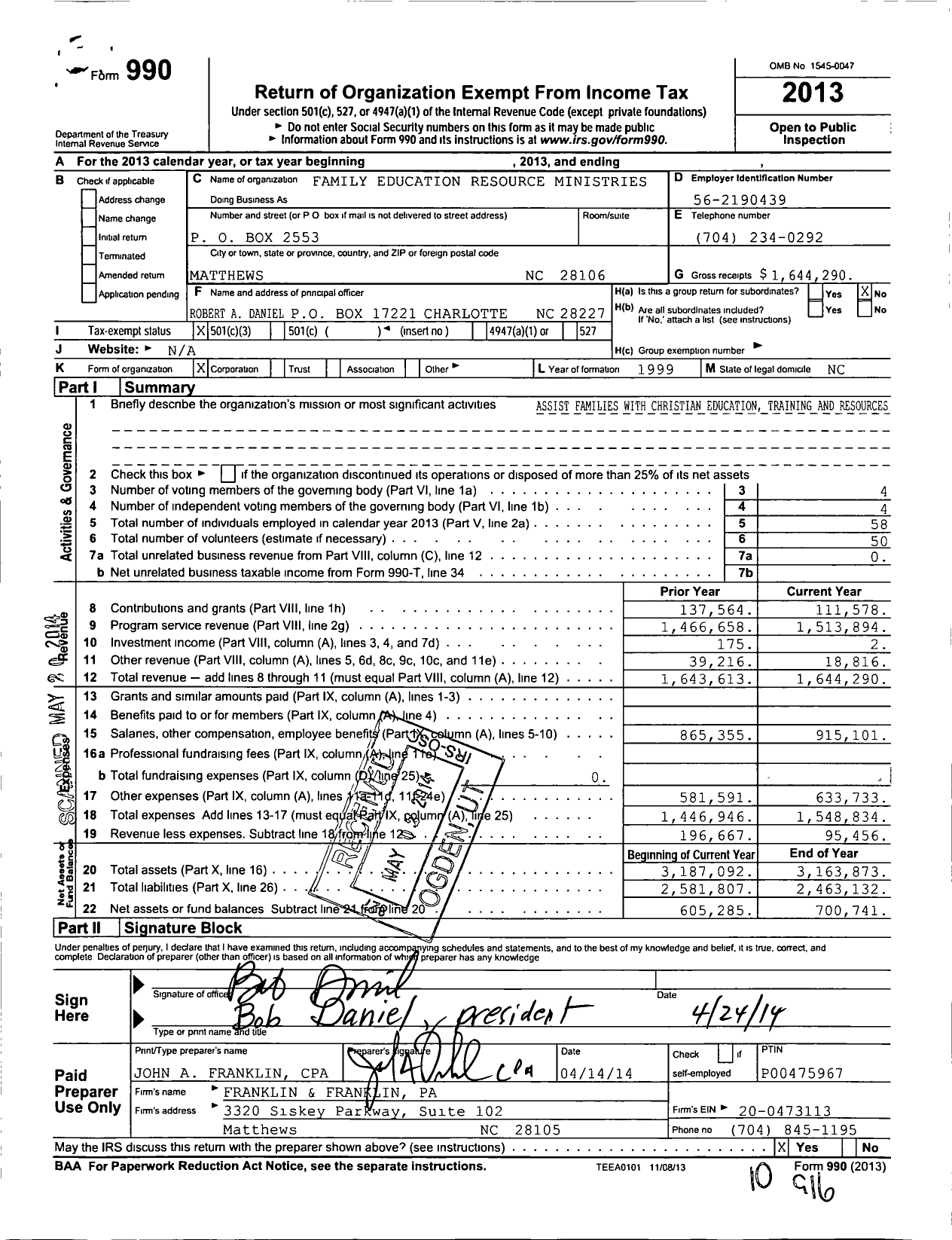 Image of first page of 2013 Form 990 for Family Education Resource Ministries
