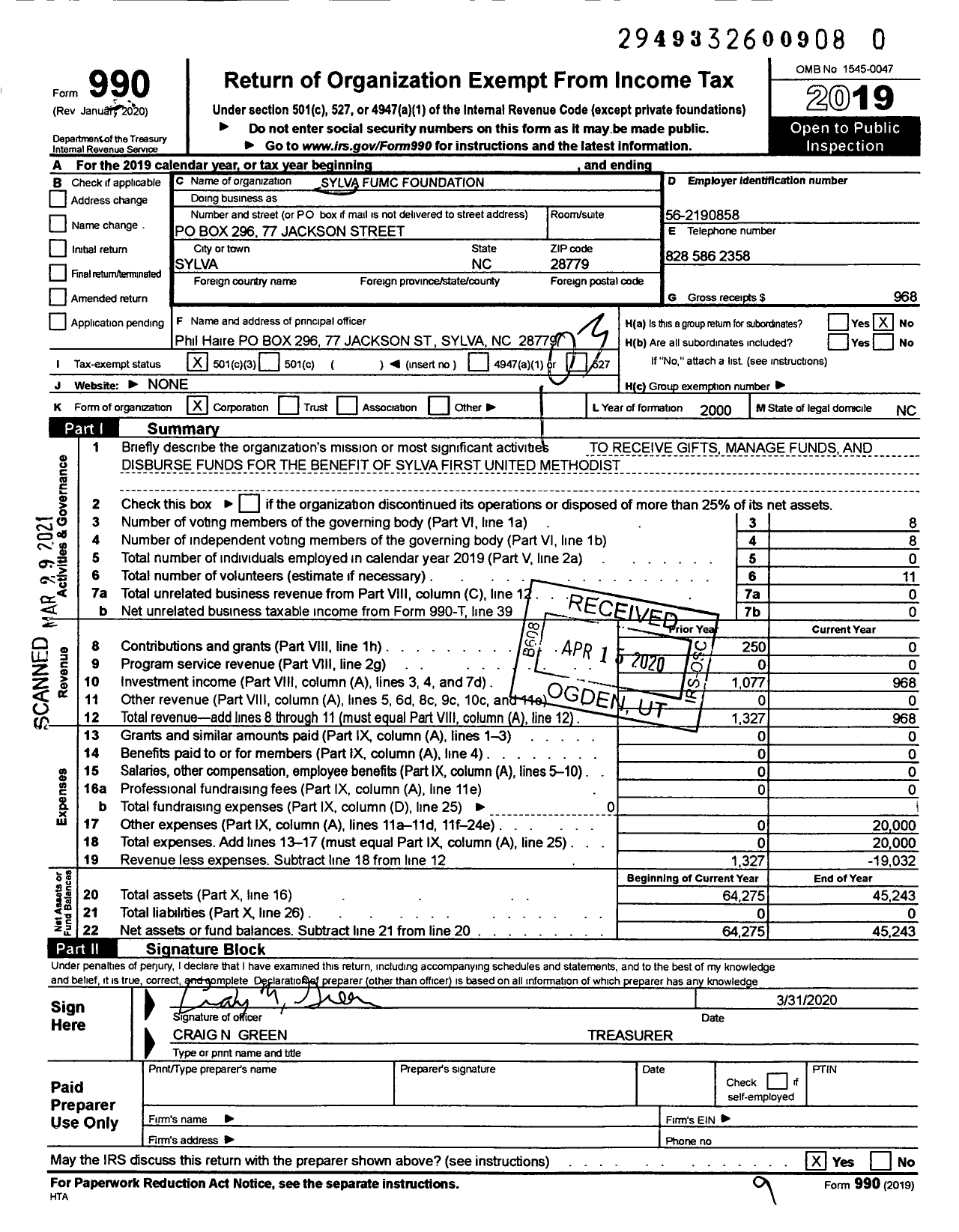 Image of first page of 2019 Form 990 for Sylva Fumc Foundation