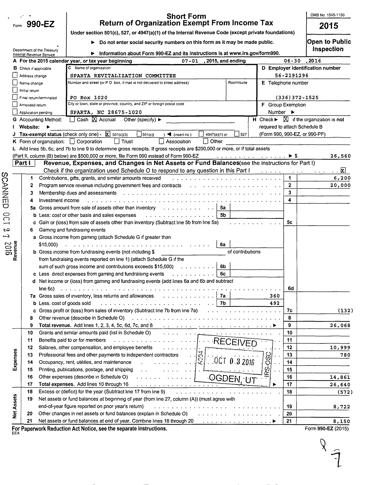 Image of first page of 2015 Form 990EZ for Alleghany Economic Development Alliance