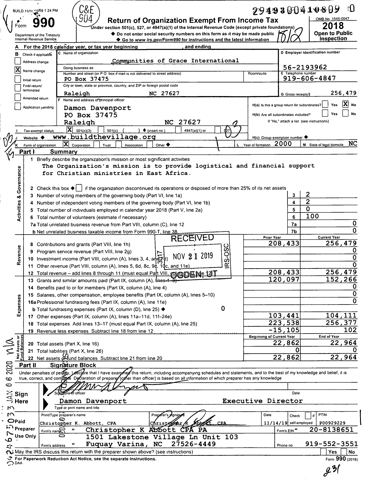 Image of first page of 2018 Form 990 for Communities of Grace International