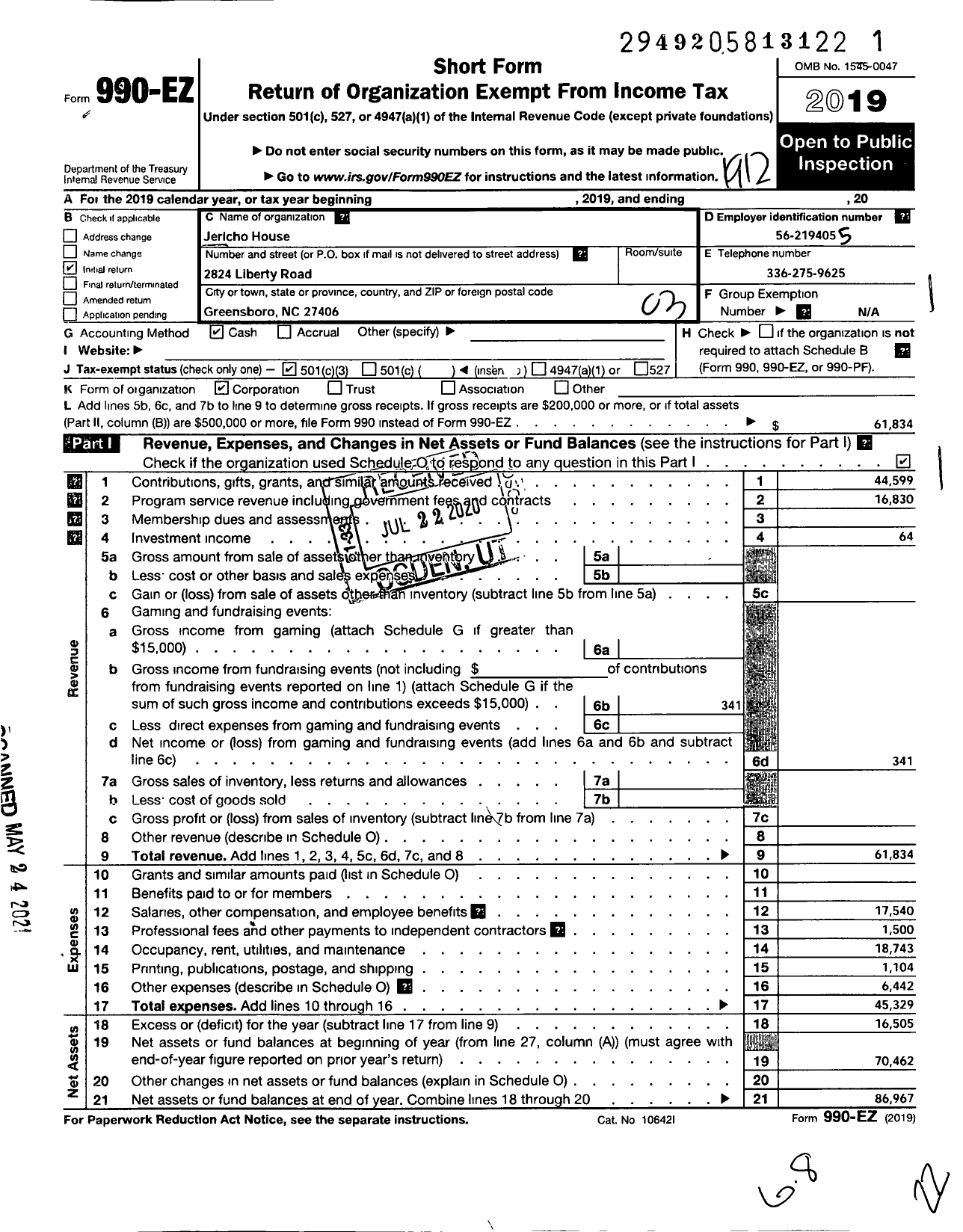 Image of first page of 2019 Form 990EZ for Jericho House