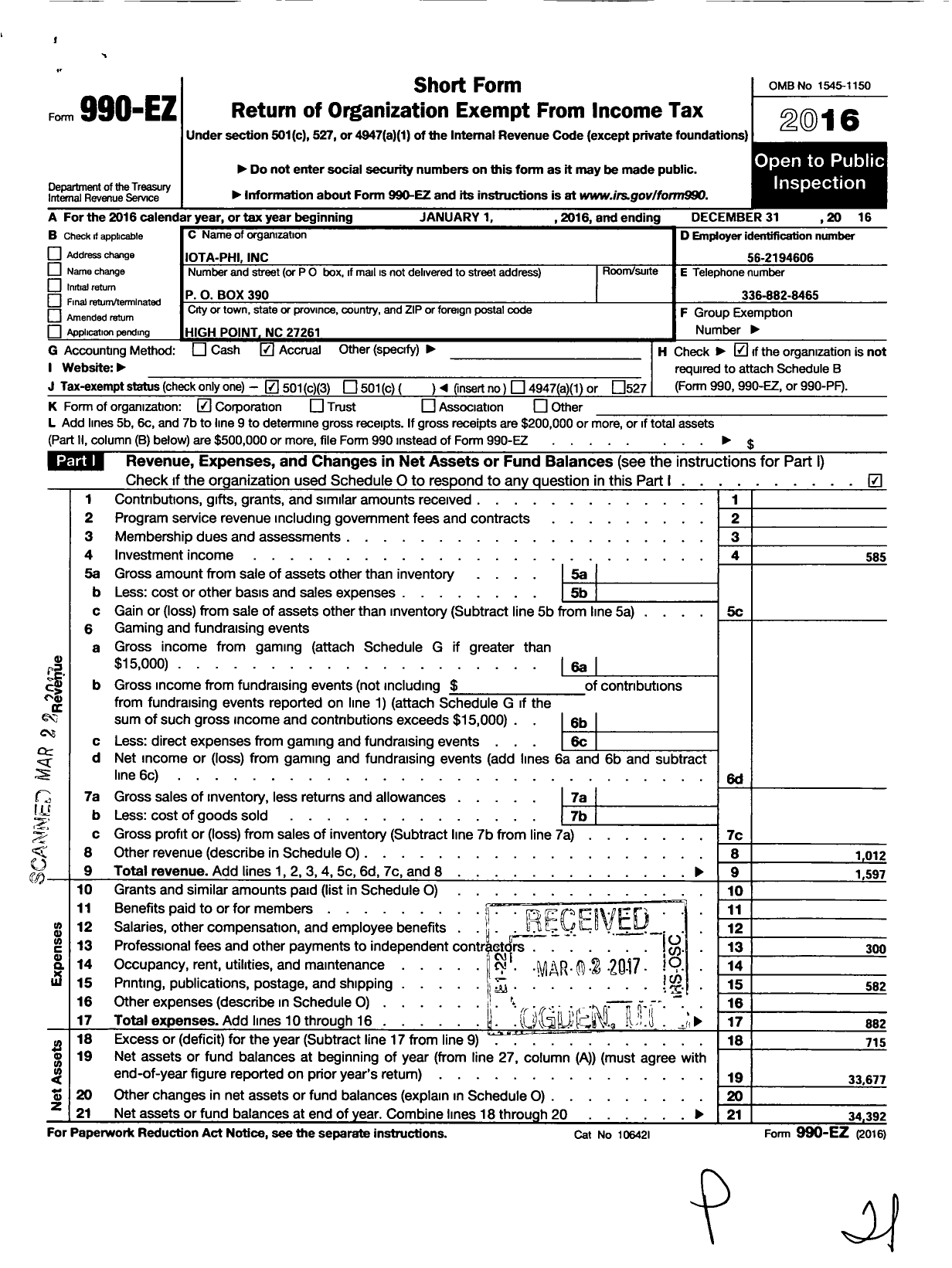 Image of first page of 2016 Form 990EZ for Iota Phi