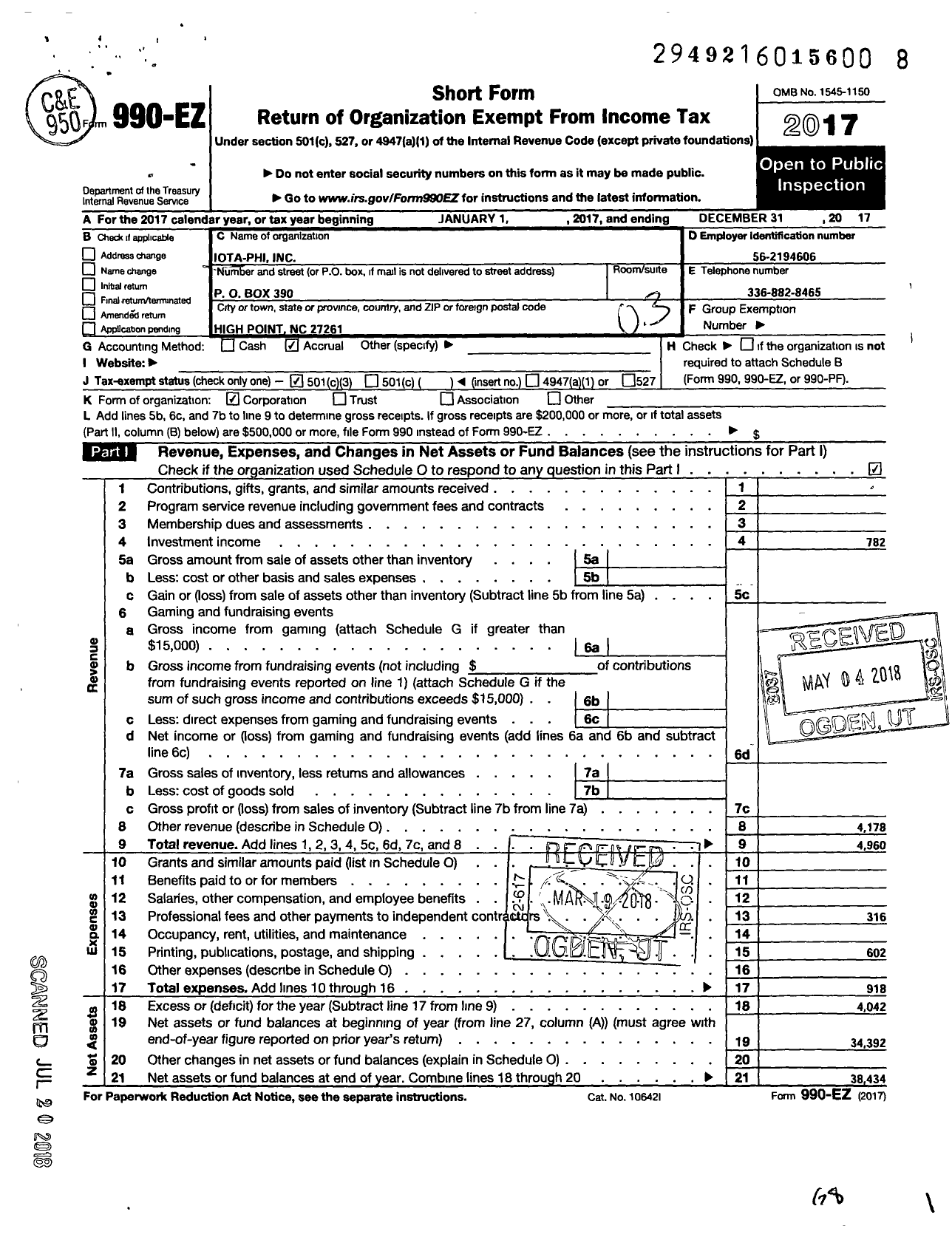 Image of first page of 2017 Form 990EZ for Iota Phi