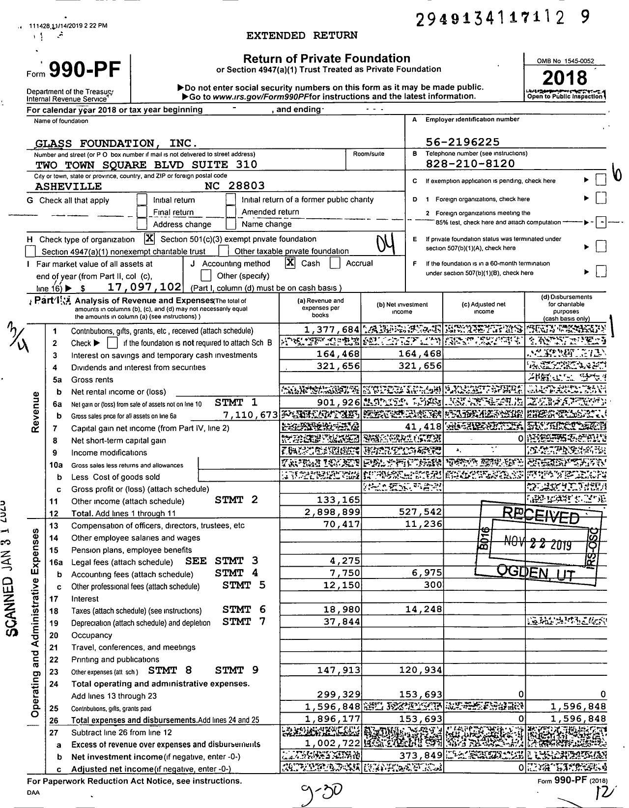 Image of first page of 2018 Form 990PF for Glass Foundation