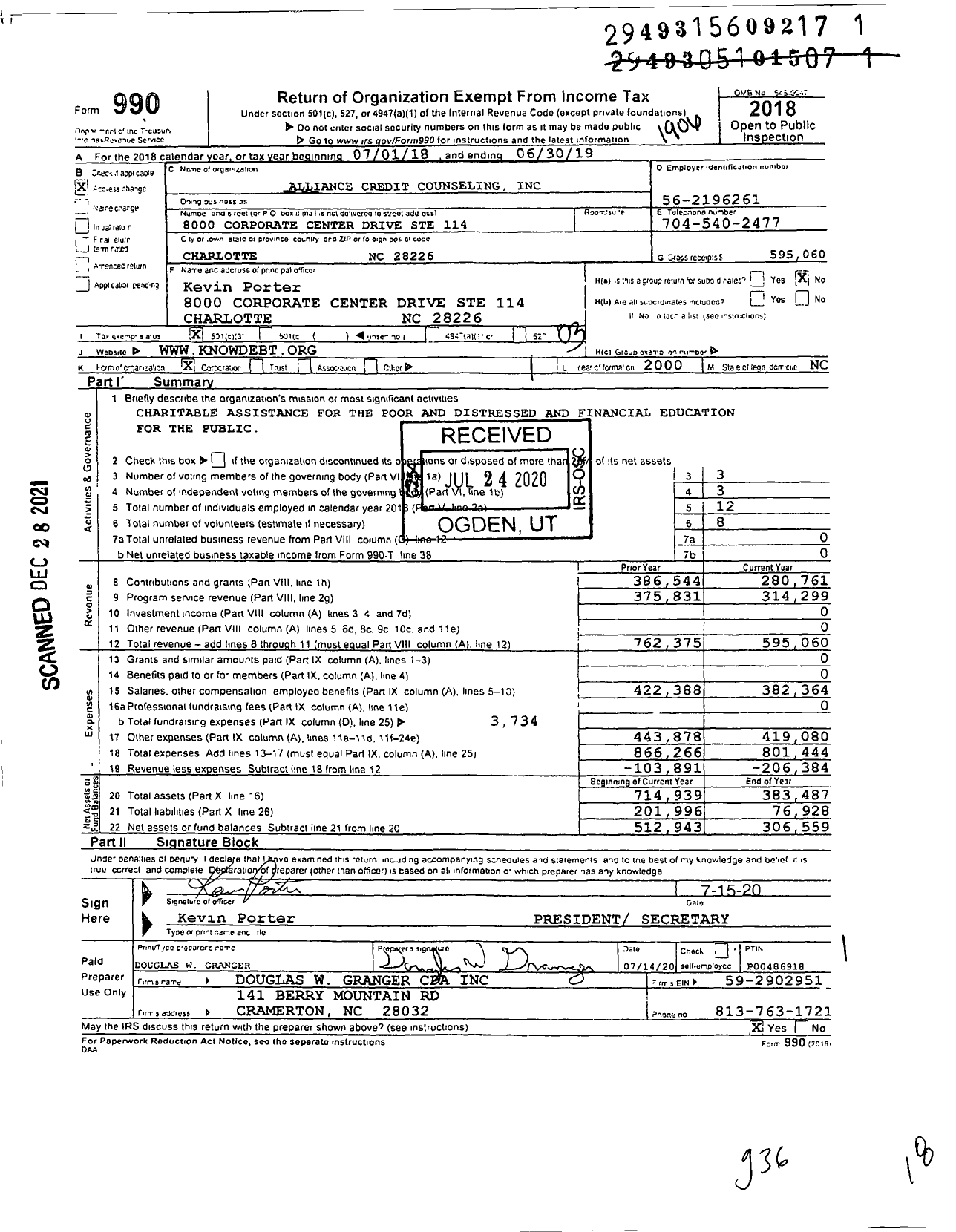 Image of first page of 2018 Form 990 for Alliance Credit Counseling