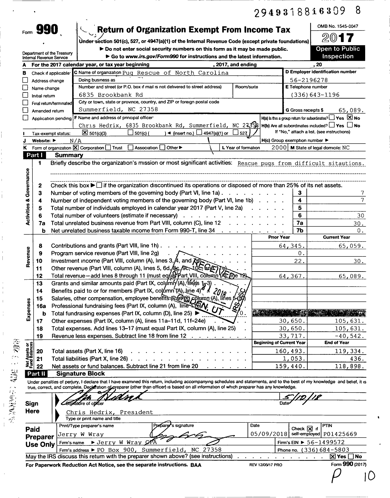 Image of first page of 2017 Form 990 for Pug Rescue of North Carolina