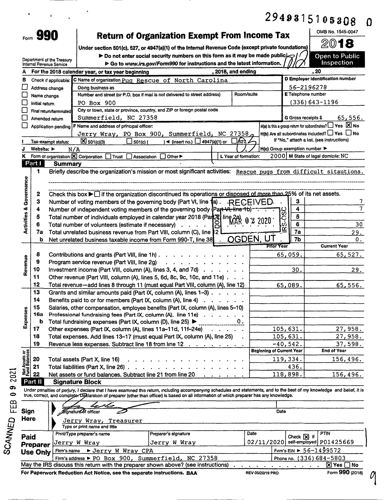 Image of first page of 2018 Form 990 for Pug Rescue of North Carolina