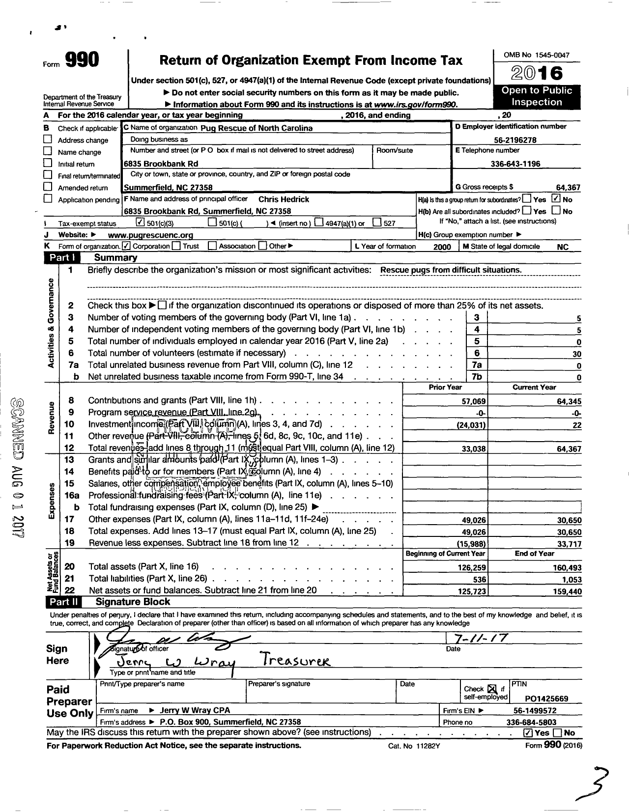 Image of first page of 2016 Form 990 for Pug Rescue of North Carolina