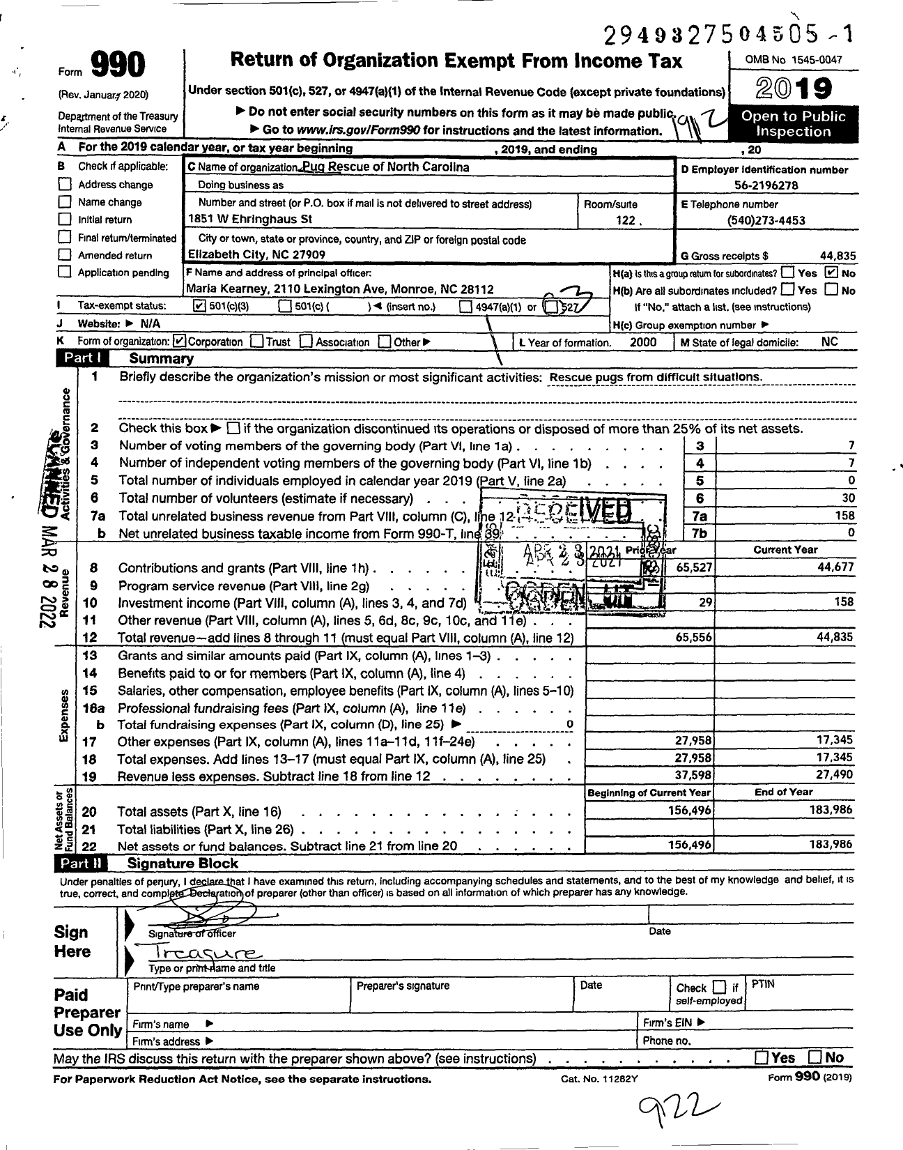 Image of first page of 2019 Form 990 for Pug Rescue of North Carolina