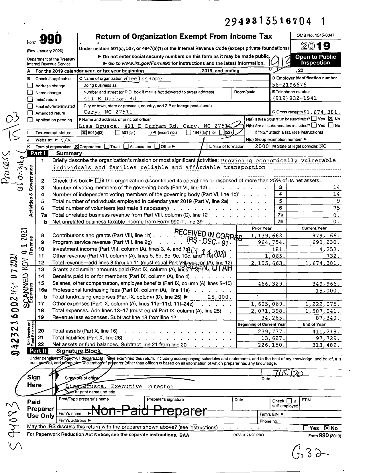 Image of first page of 2019 Form 990 for Wheels4Hope