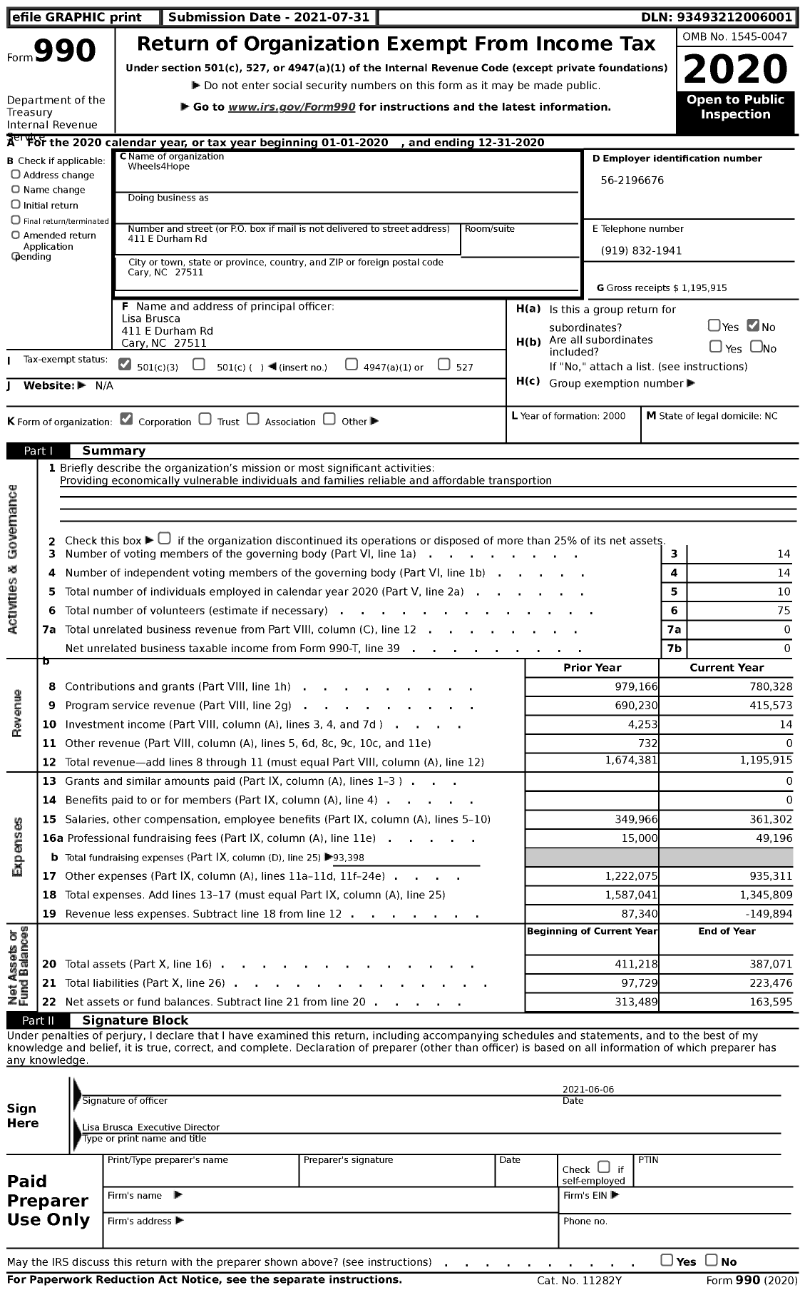 Image of first page of 2020 Form 990 for Wheels4Hope