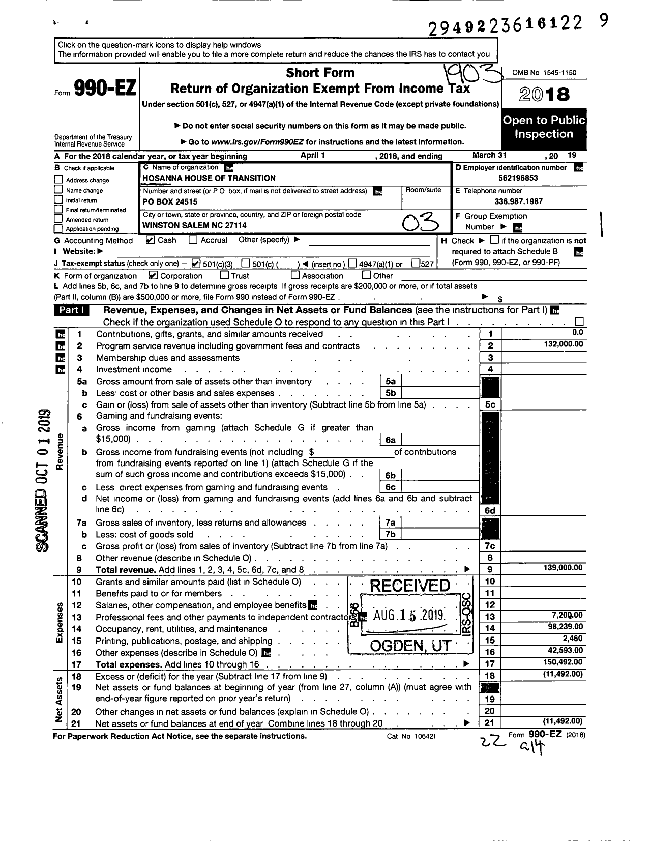 Image of first page of 2018 Form 990EZ for Hosanna House of Transition