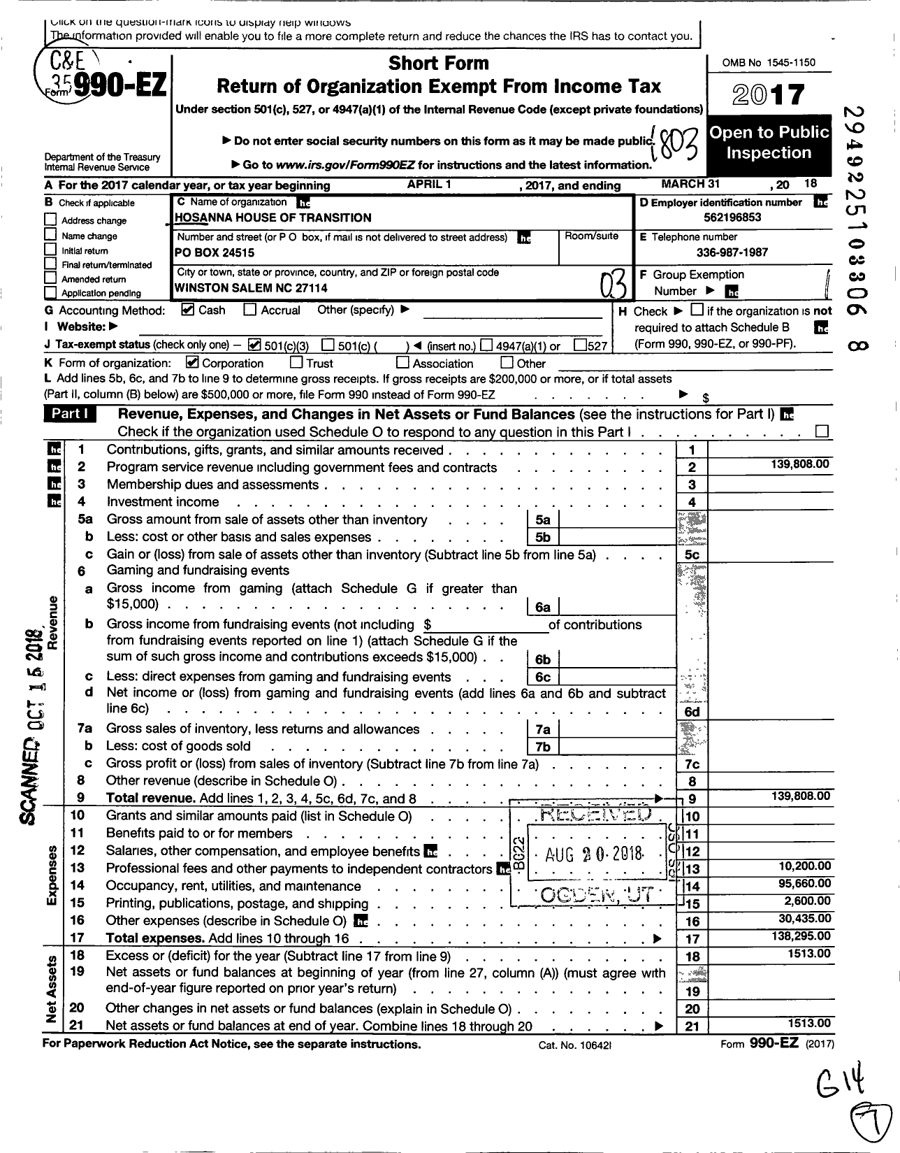 Image of first page of 2017 Form 990EZ for Hosanna House of Transition