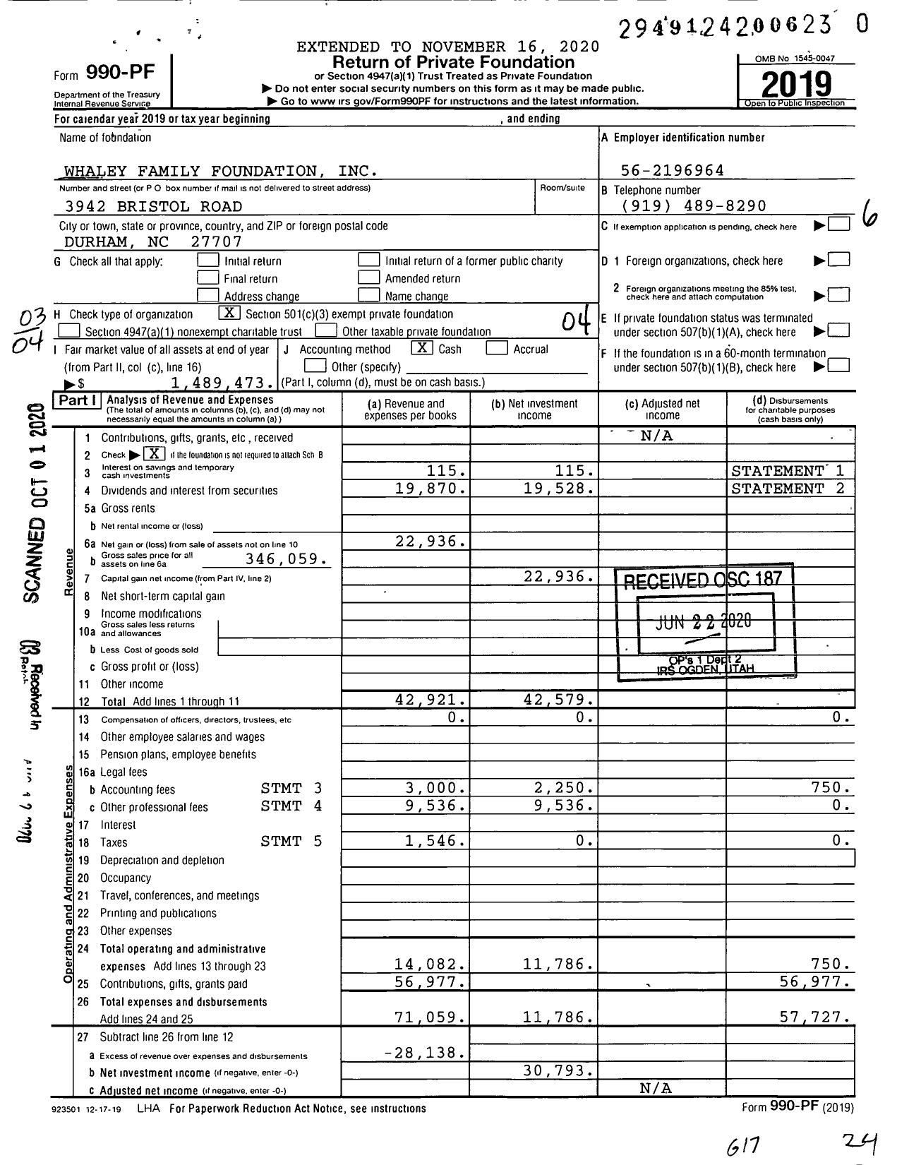 Image of first page of 2019 Form 990PR for Whaley Family Foundation