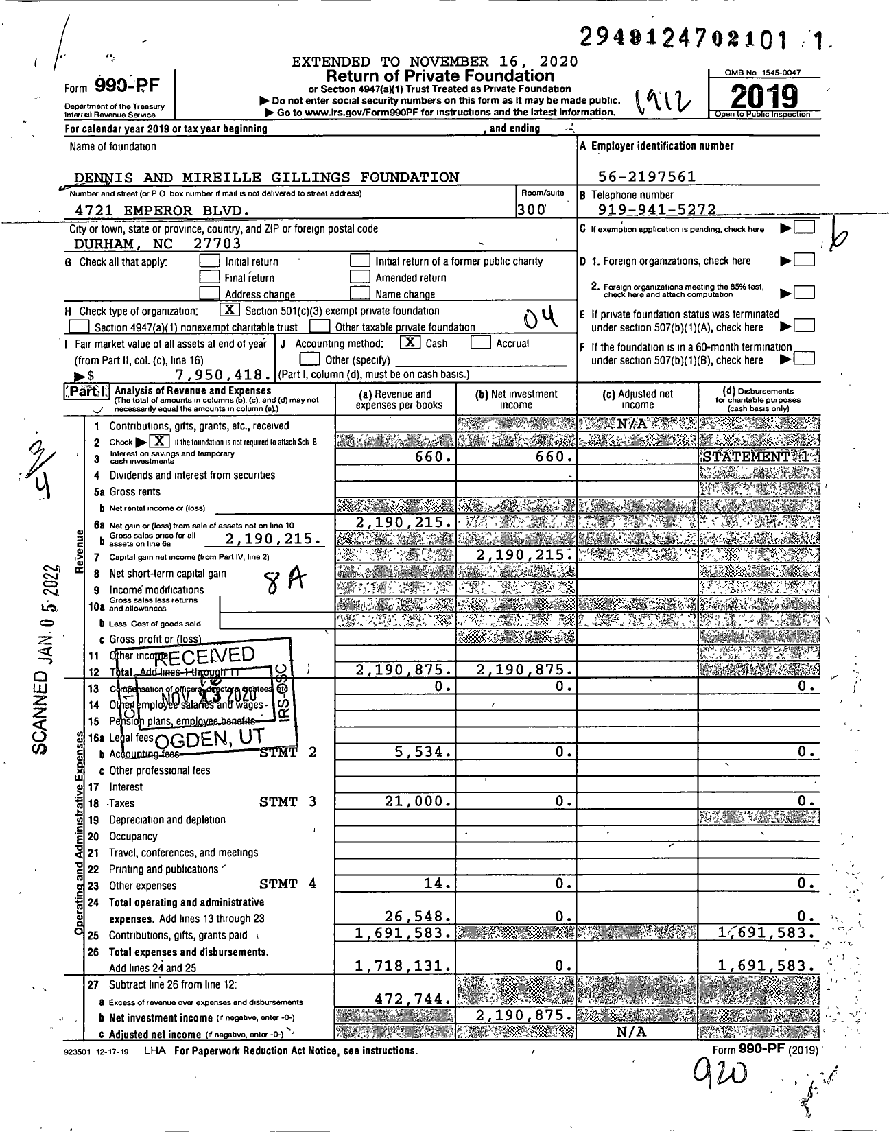 Image of first page of 2019 Form 990PF for Dennis and Mireille Gillings Foundation