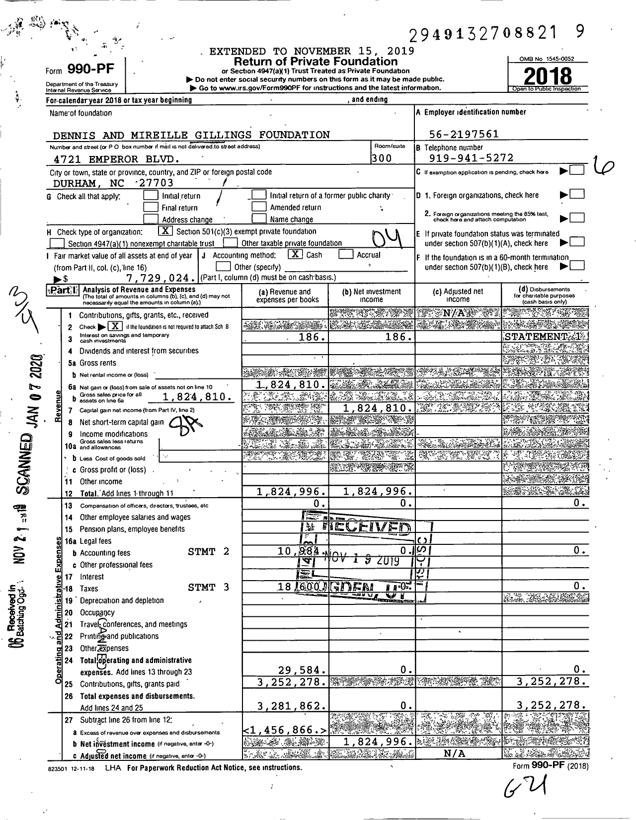 Image of first page of 2018 Form 990PF for Dennis and Mireille Gillings Foundation